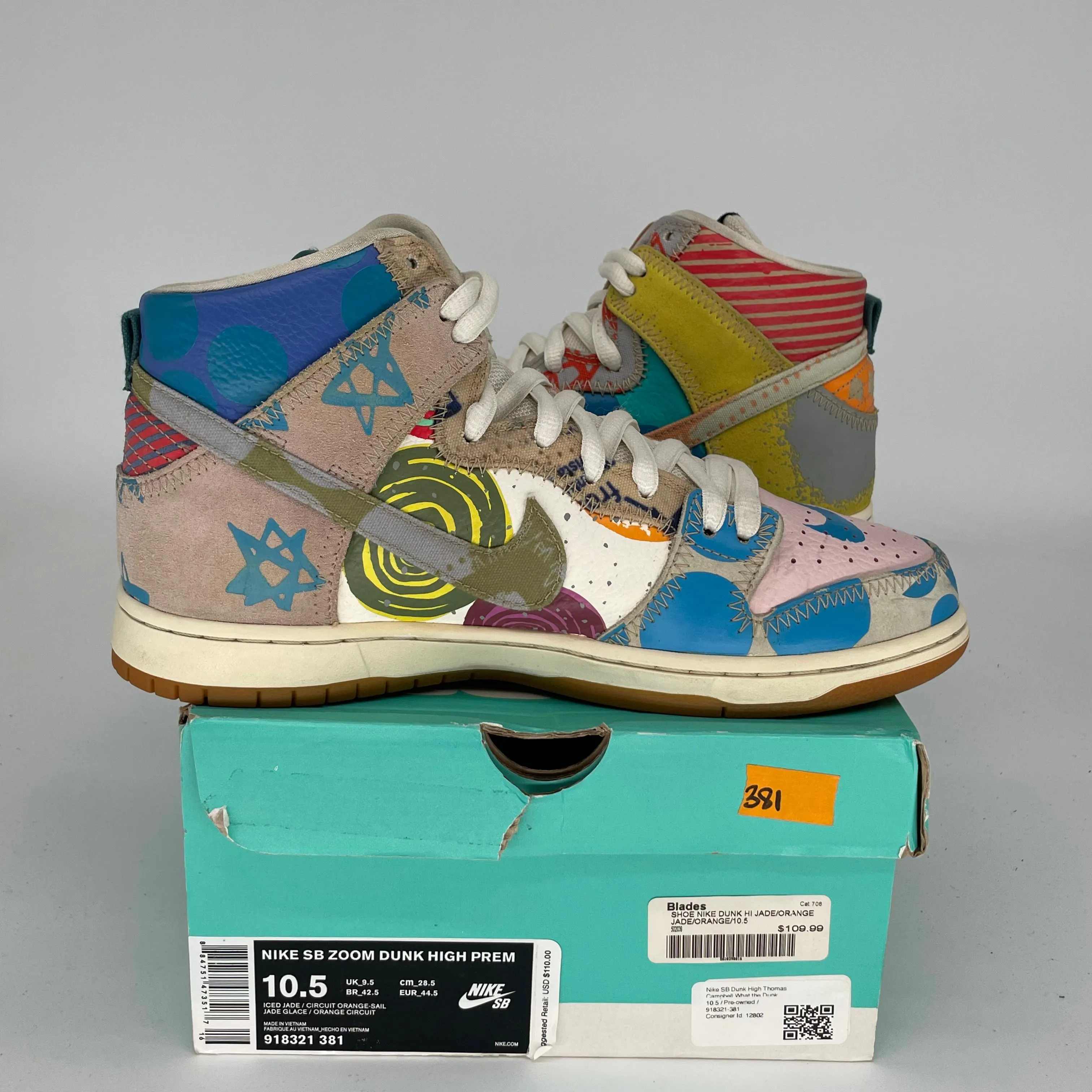 NIKE SB DUNK HIGH THOMAS CAMPBELL WHAT THE DUNK SIZE 10.5 918321-381