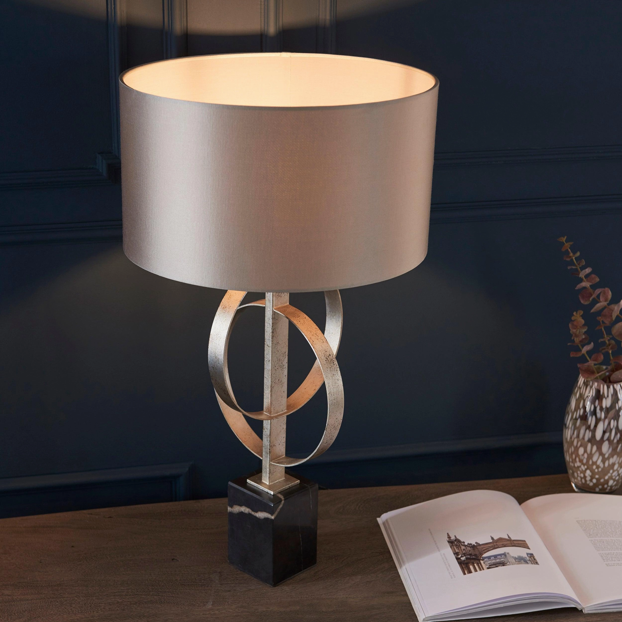Norfolk Silver Table Lamp With Black Marble Base - Mink Shade