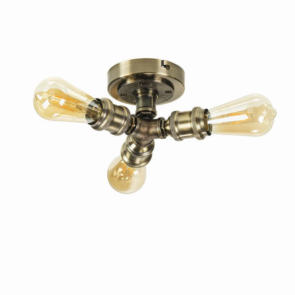 Oaks Iron 3 Light Antique Brass Flush Ceiling Light