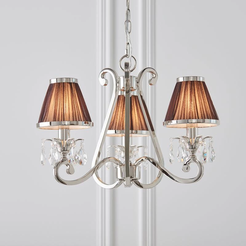 Oksana Polished Nickel 3 Light Chandelier - Chocolate Shades white ceiling lamp