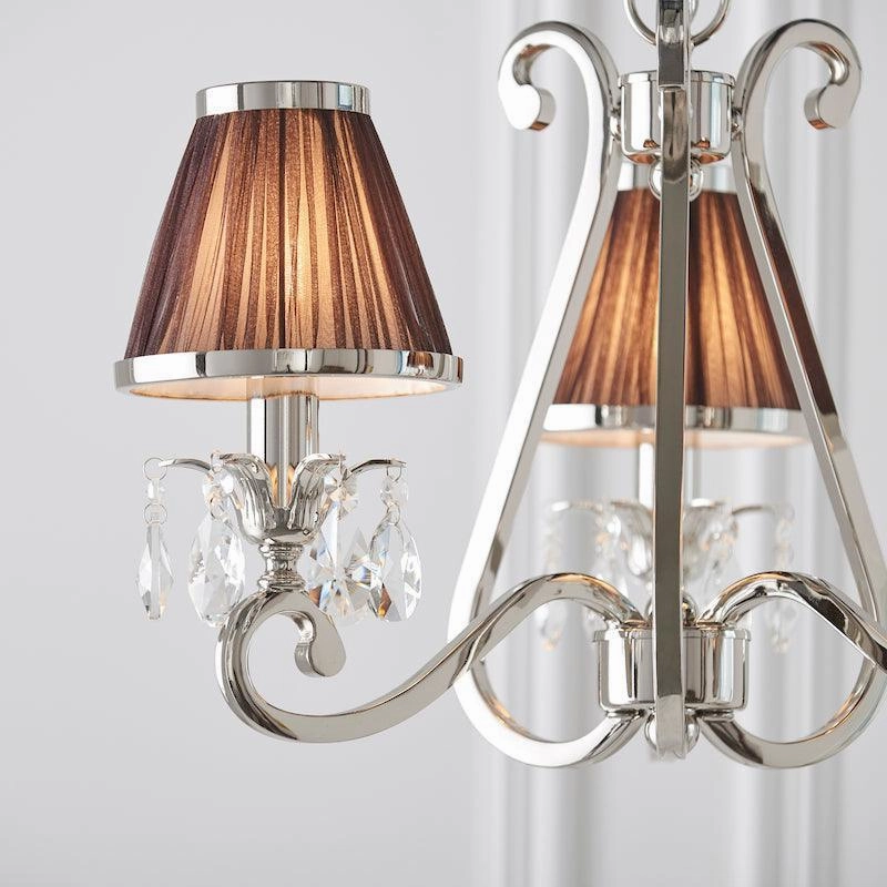 Oksana Polished Nickel 3 Light Chandelier - Chocolate Shades
