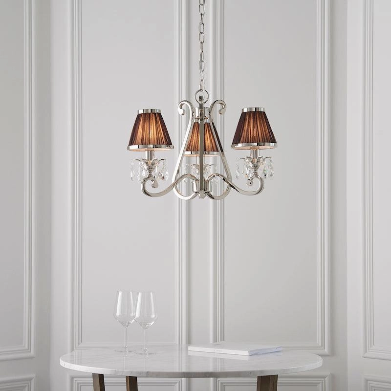 Oksana Polished Nickel 3 Light Chandelier - Chocolate Shades