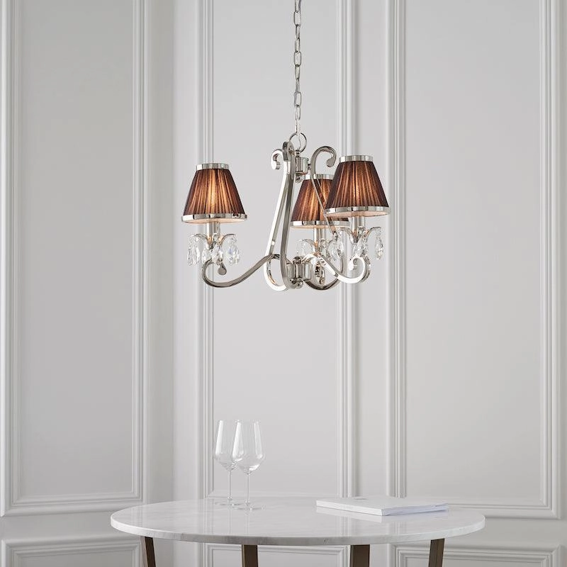 Oksana Polished Nickel 3 Light Chandelier - Chocolate Shades