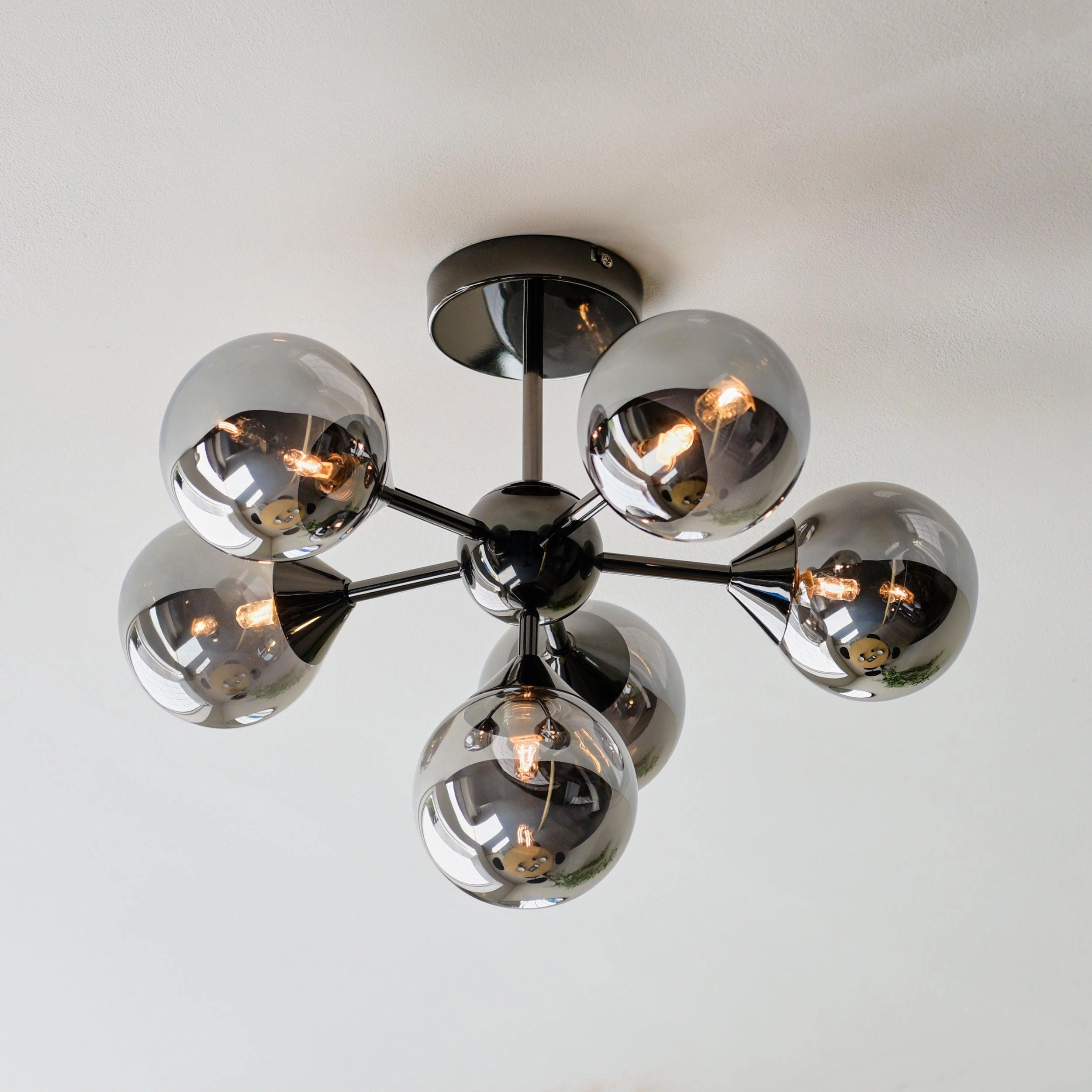 Oscar 6 Light Black Semi Flush - Smoked Glass Shades