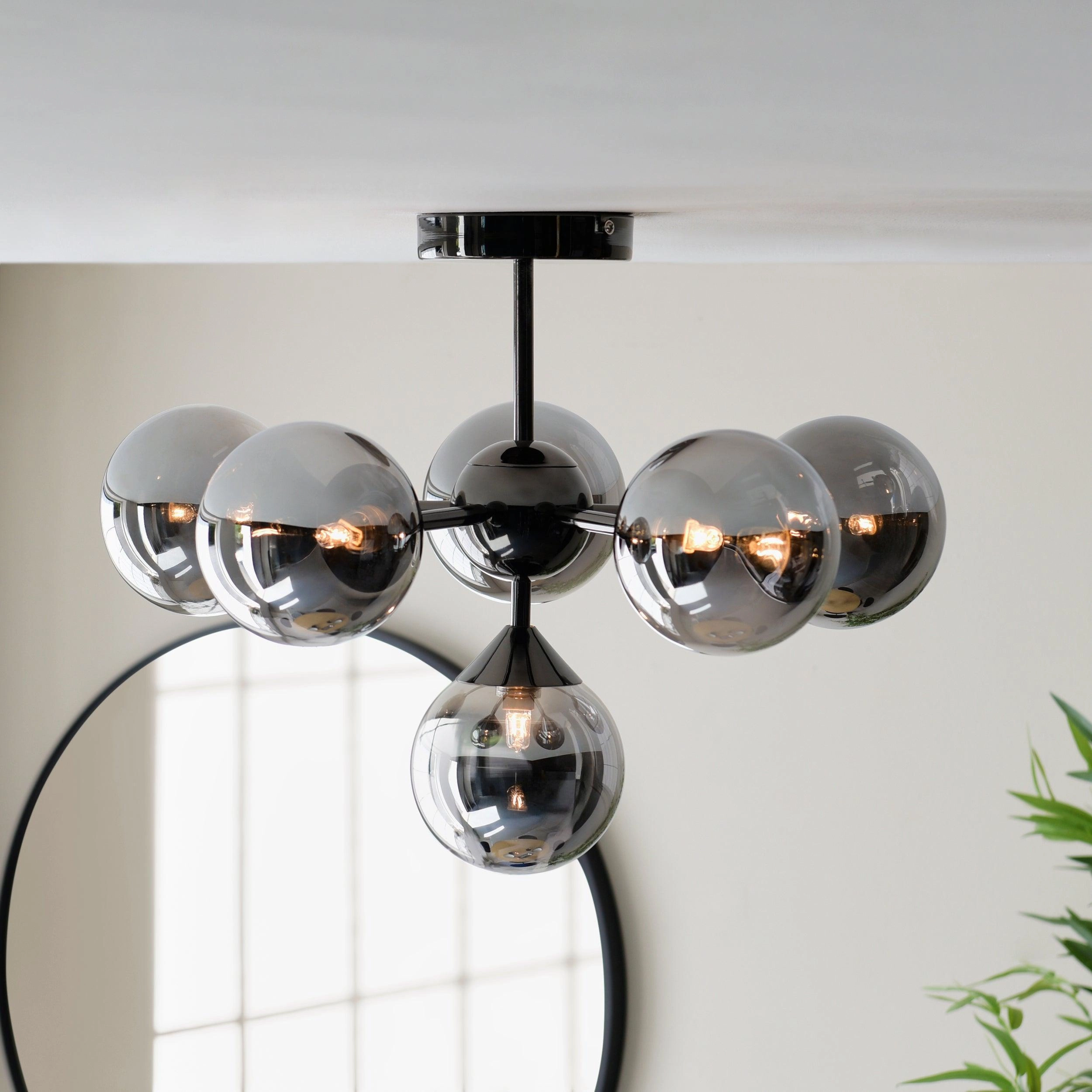 Oscar 6 Light Black Semi Flush - Smoked Glass Shades