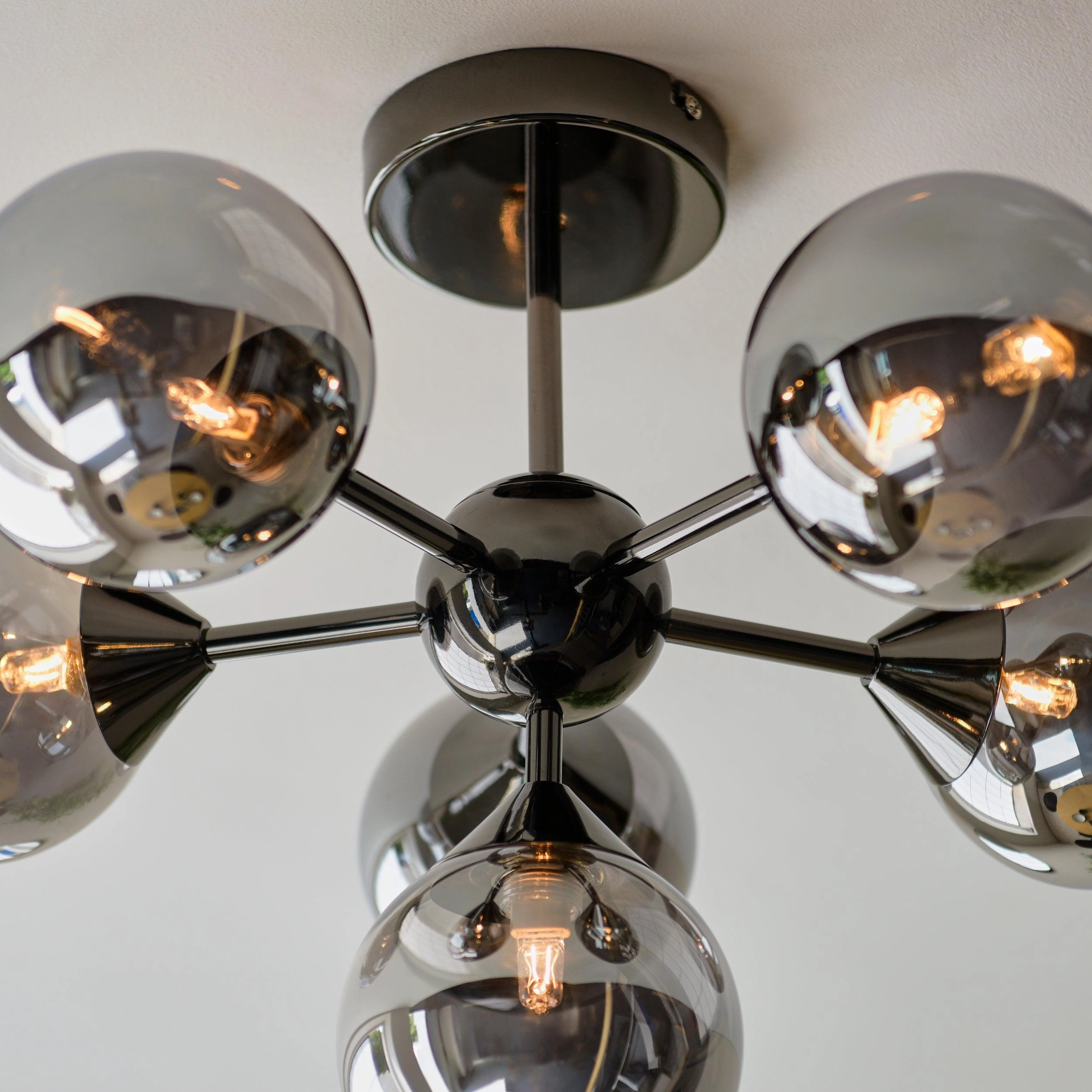 Oscar 6 Light Black Semi Flush - Smoked Glass Shades
