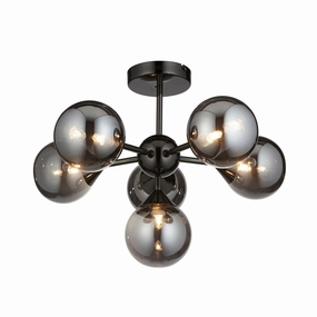 Oscar 6 Light Black Semi Flush - Smoked Glass Shades soft glow ceiling light