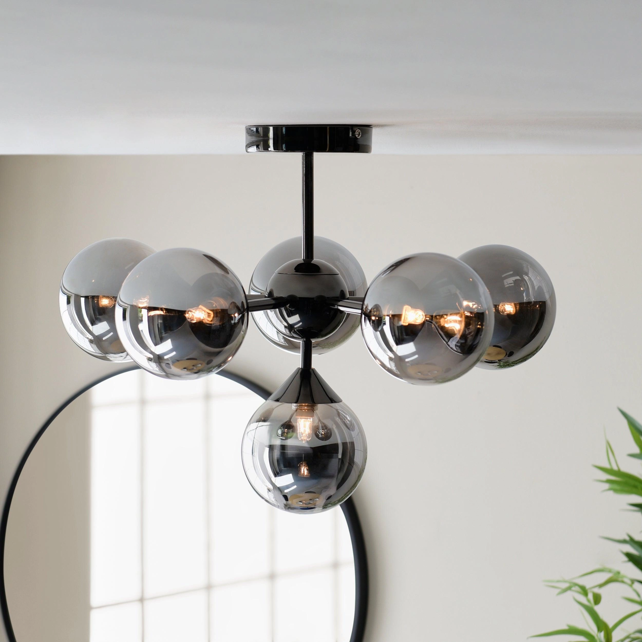 Oscar 6 Light Black Semi Flush - Smoked Glass Shades