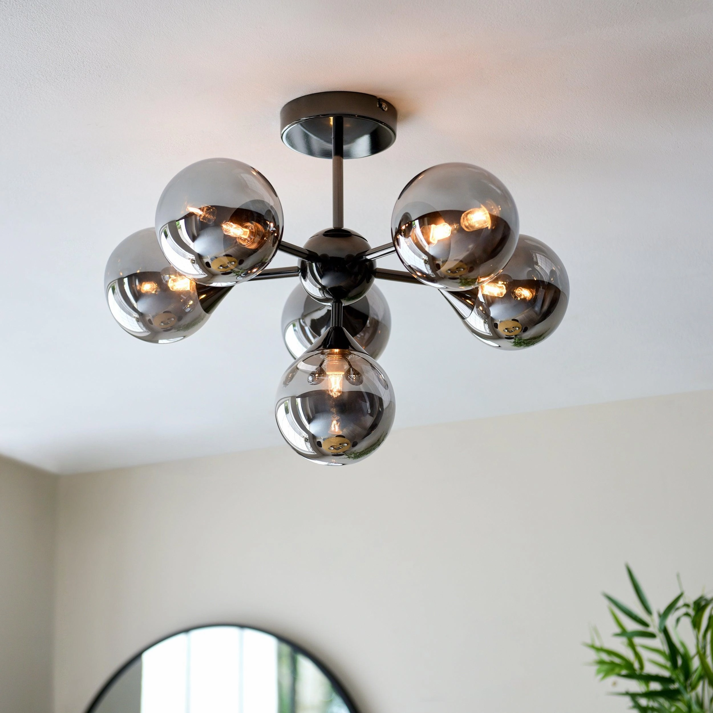 Oscar 6 Light Black Semi Flush - Smoked Glass Shades