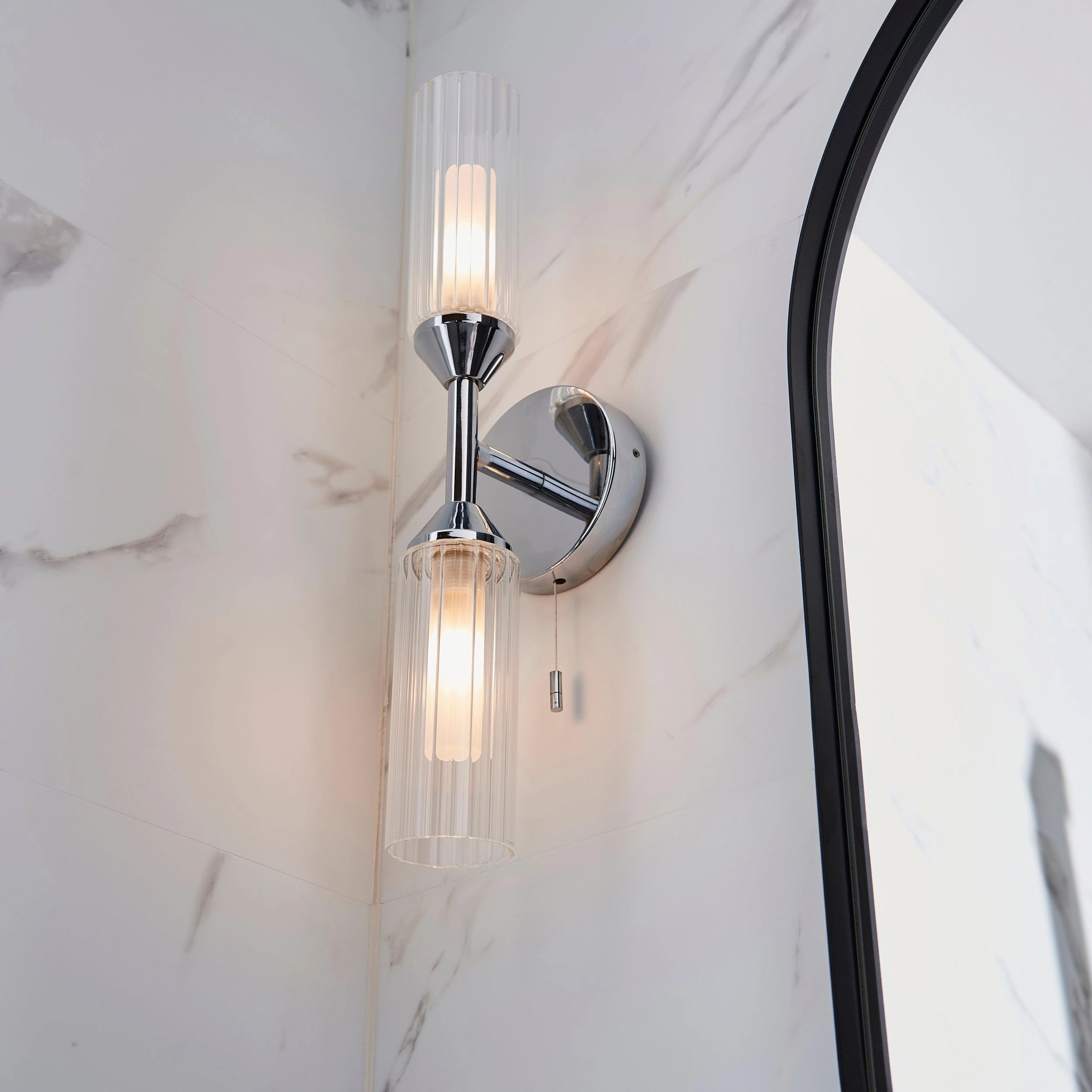 Oundle Chrome Double Bathroom Wall LIght - Pull Cord