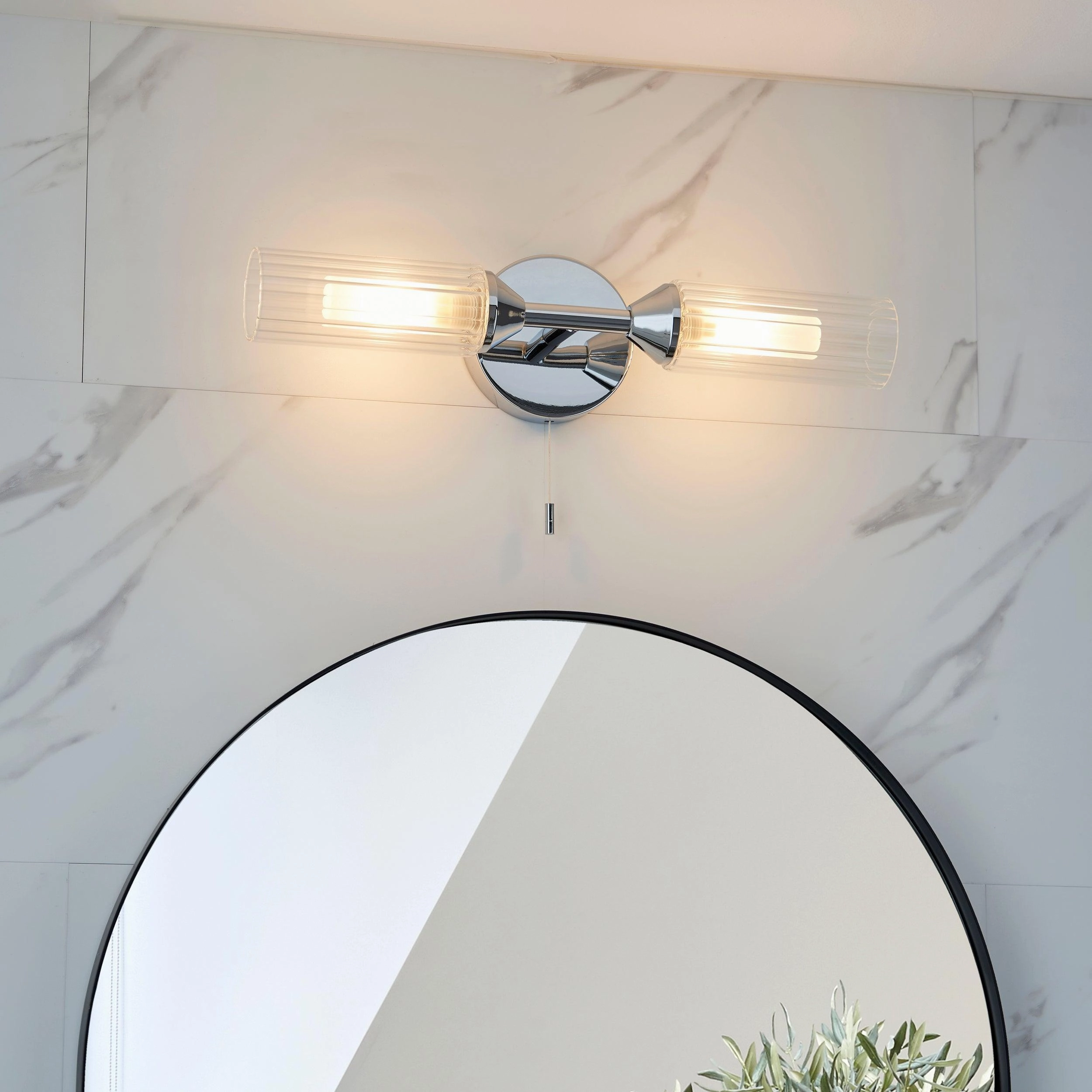 Oundle Chrome Double Bathroom Wall LIght - Pull Cord