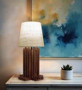 Palisade Brown Wooden Table Lamp with White Fabric Lampshade (BULB NOT INCLUDED) decorative ceiling fixture