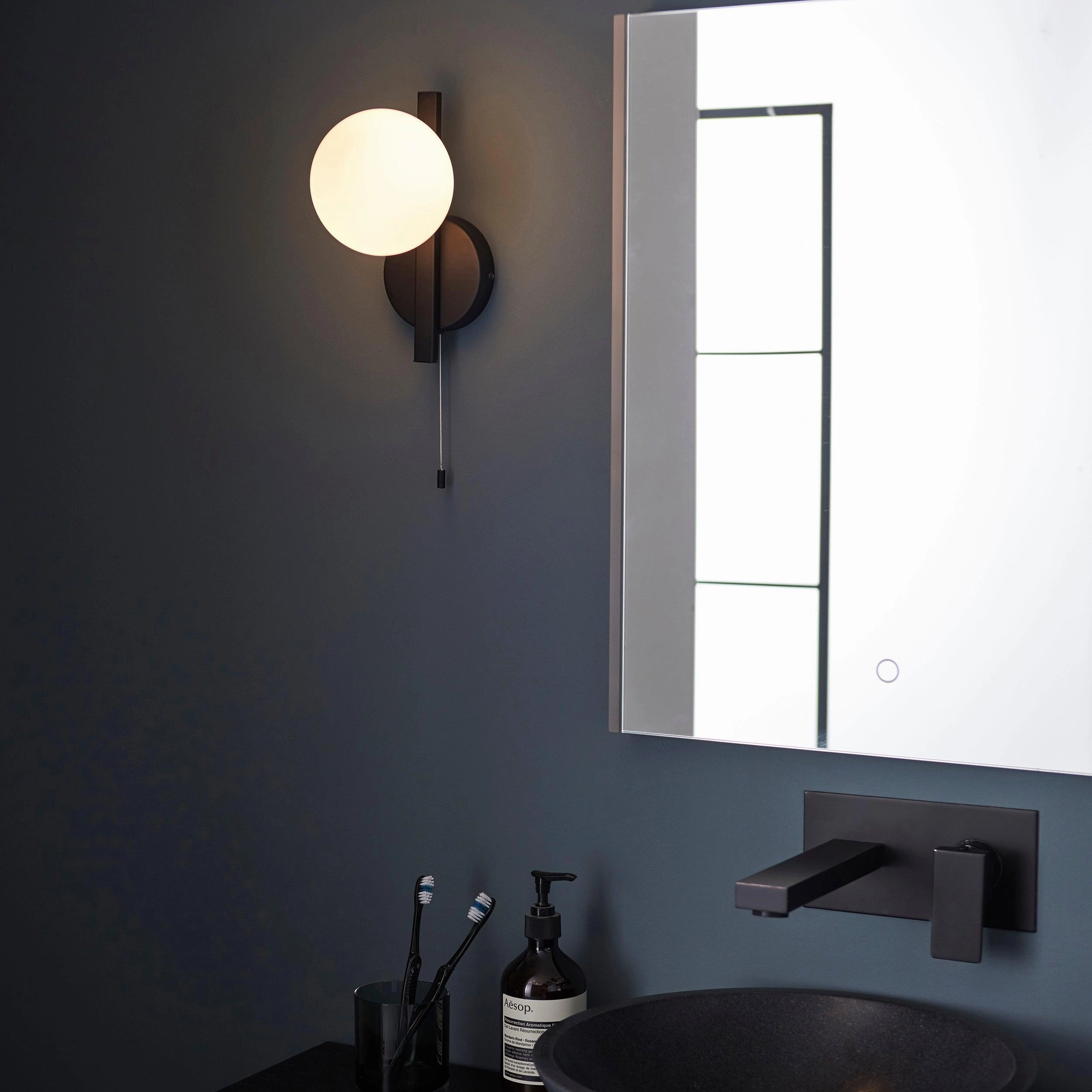 Pendle Black & Opal Glass Bathroom Wall Light - Pull Cord