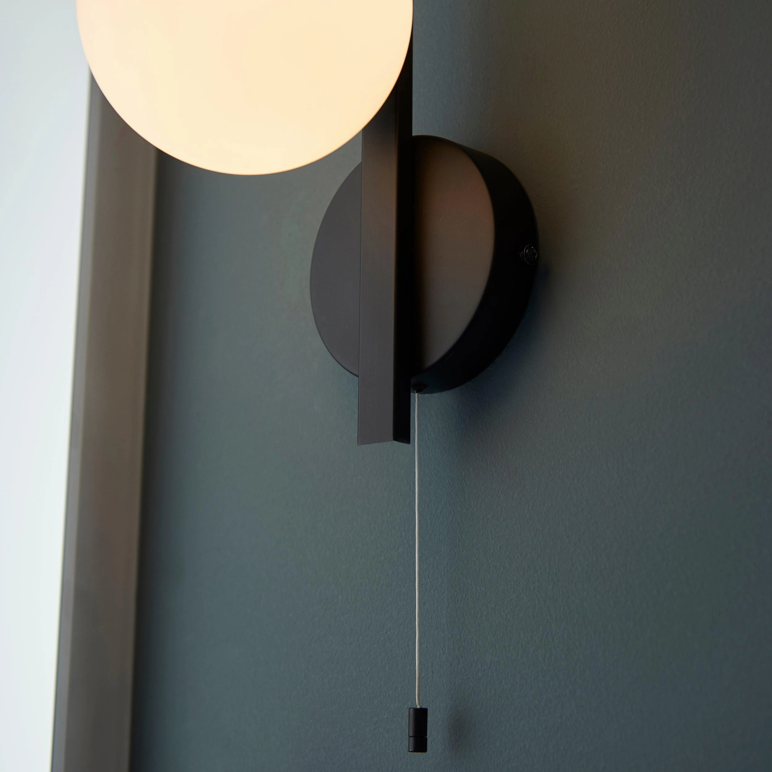 Pendle Black & Opal Glass Bathroom Wall Light - Pull Cord