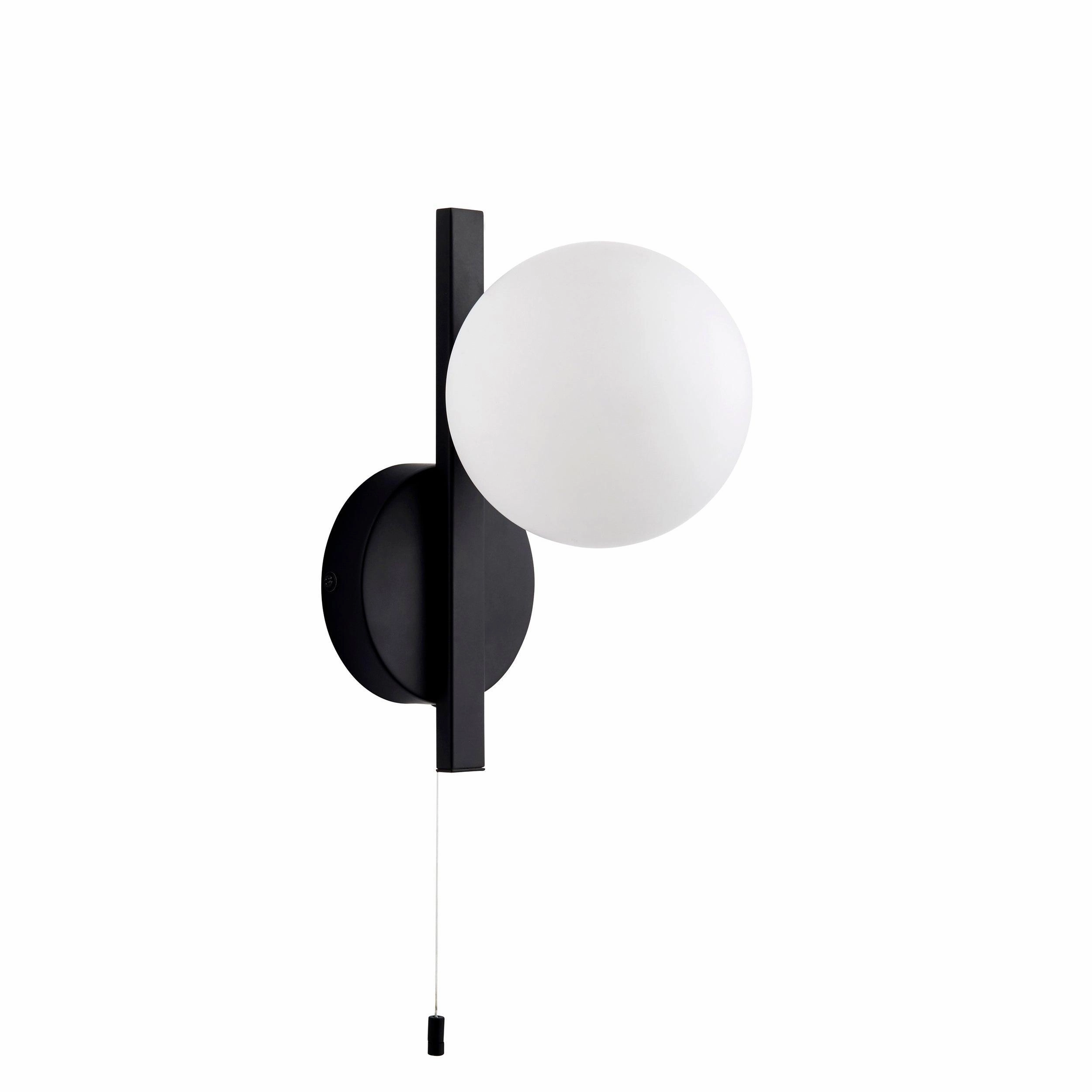 Pendle Black & Opal Glass Bathroom Wall Light - Pull Cord