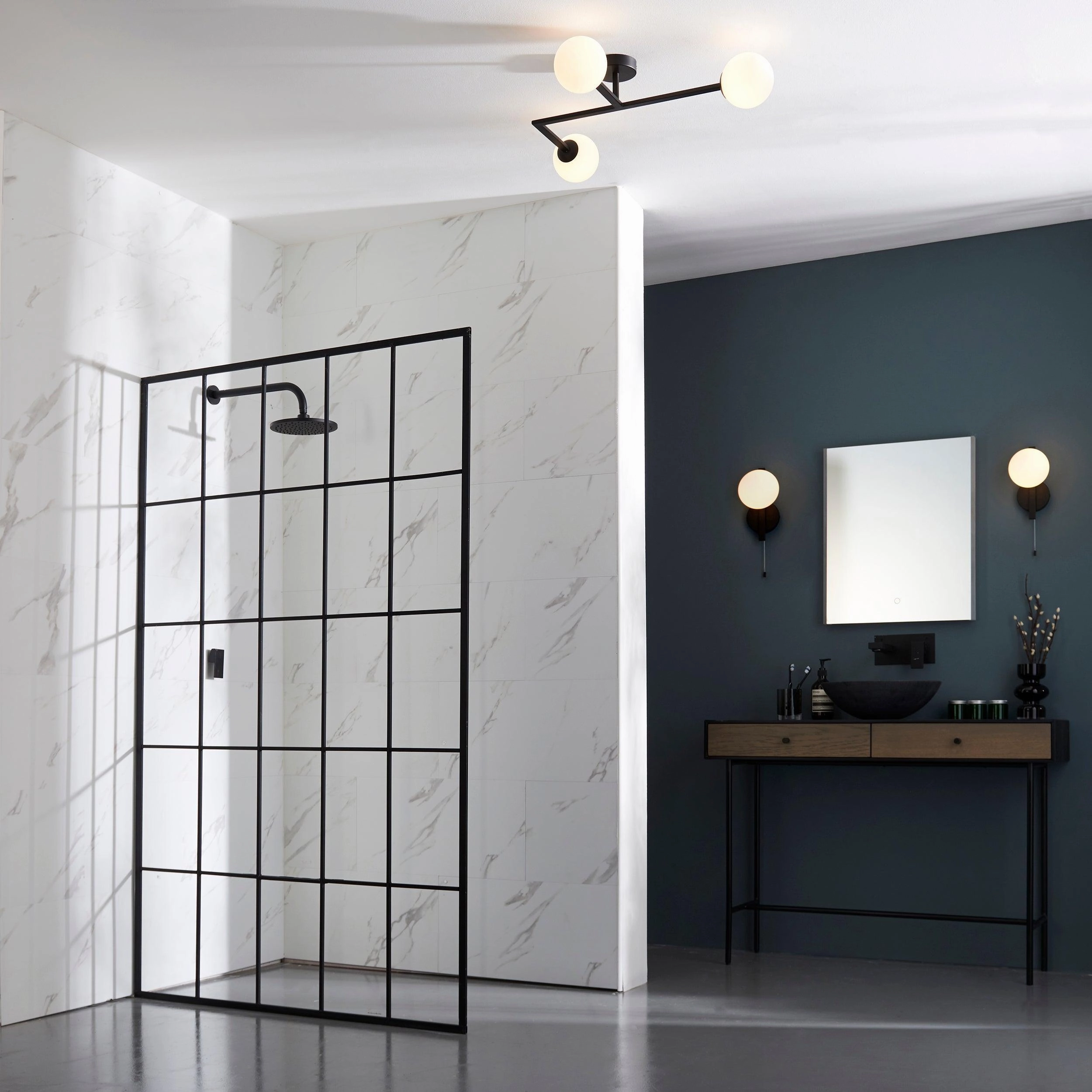 Pendle Black & Opal Glass Bathroom Wall Light - Pull Cord