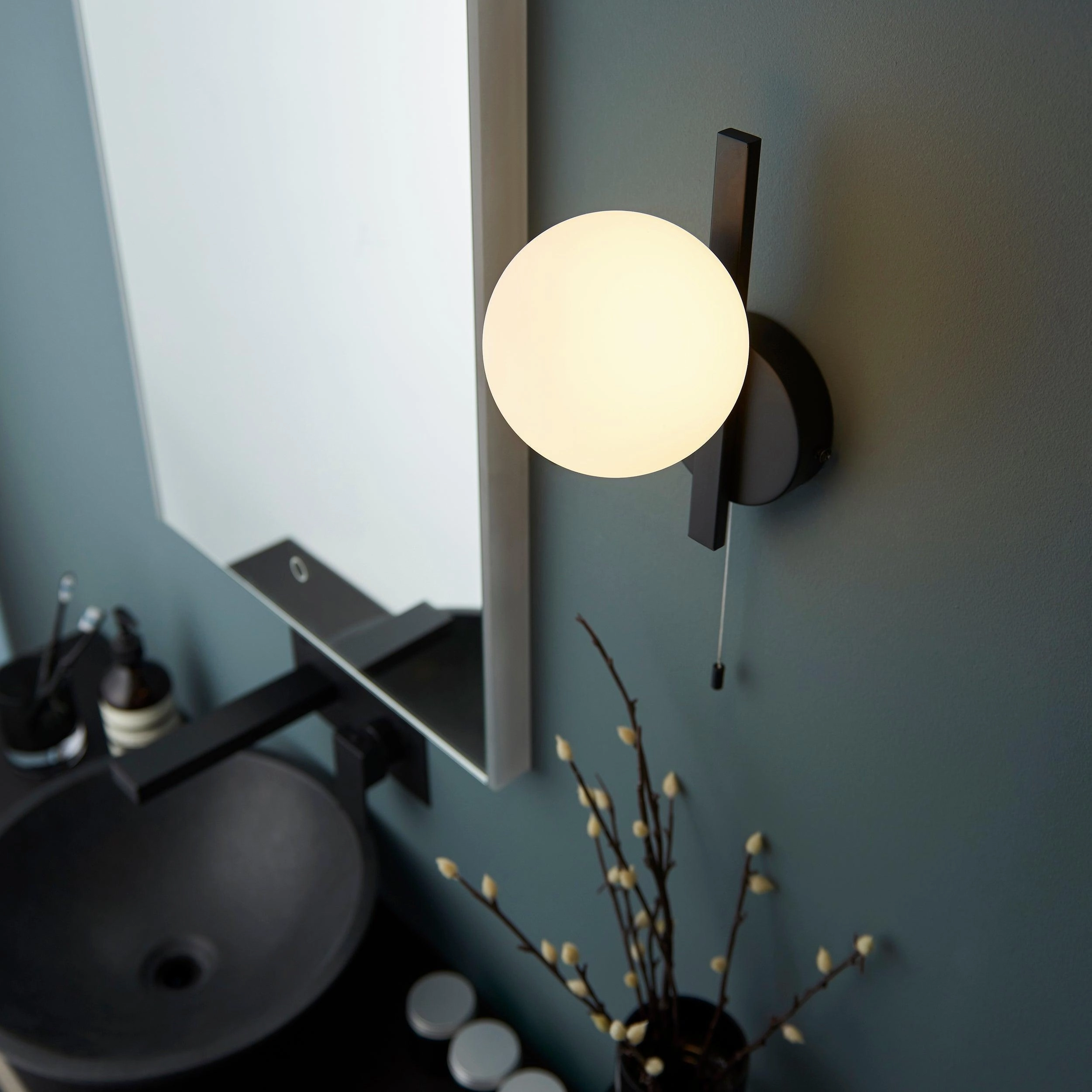 Pendle Black & Opal Glass Bathroom Wall Light - Pull Cord