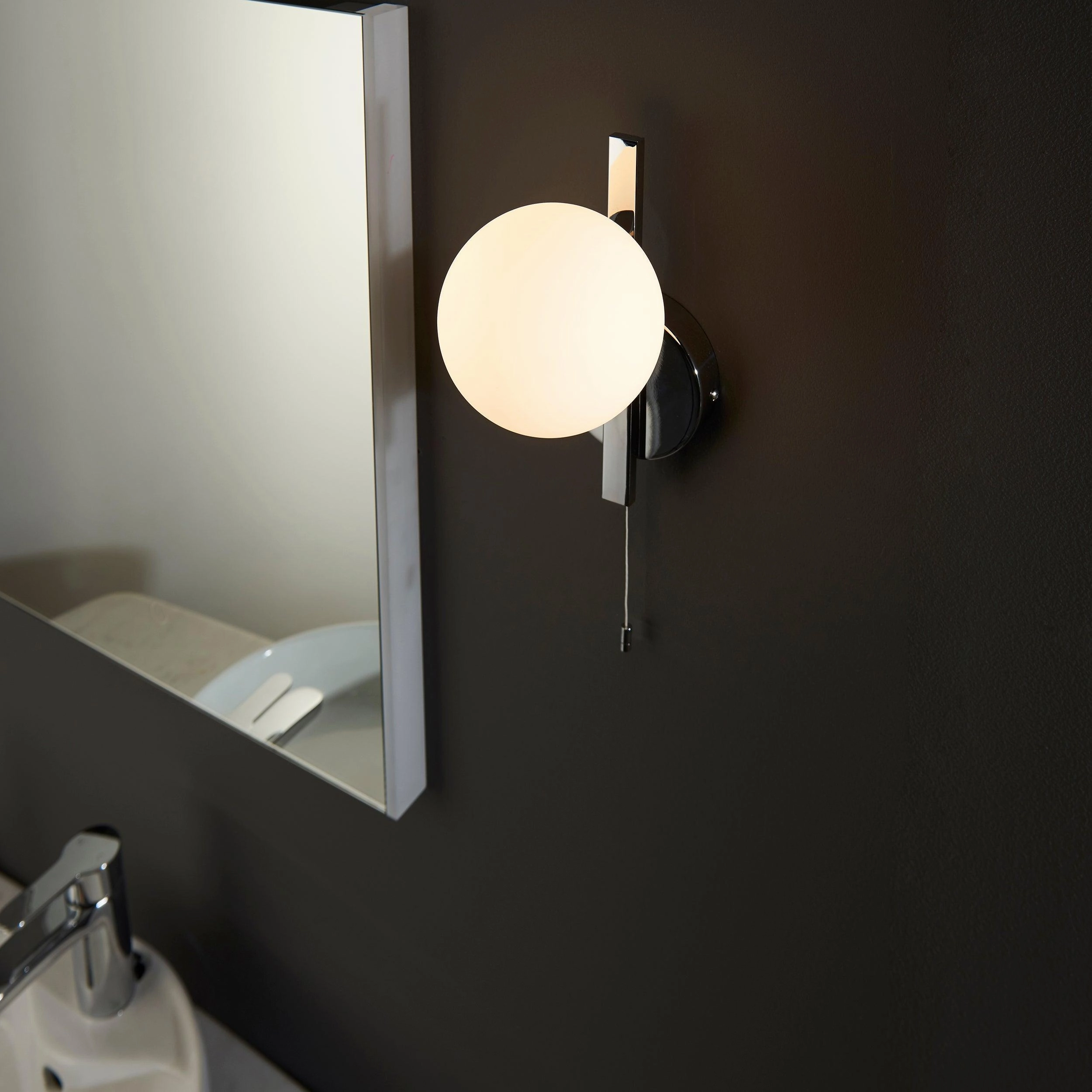 Pendle Chrome & Opal Glass Bathroom Wall Light - Pull Cord