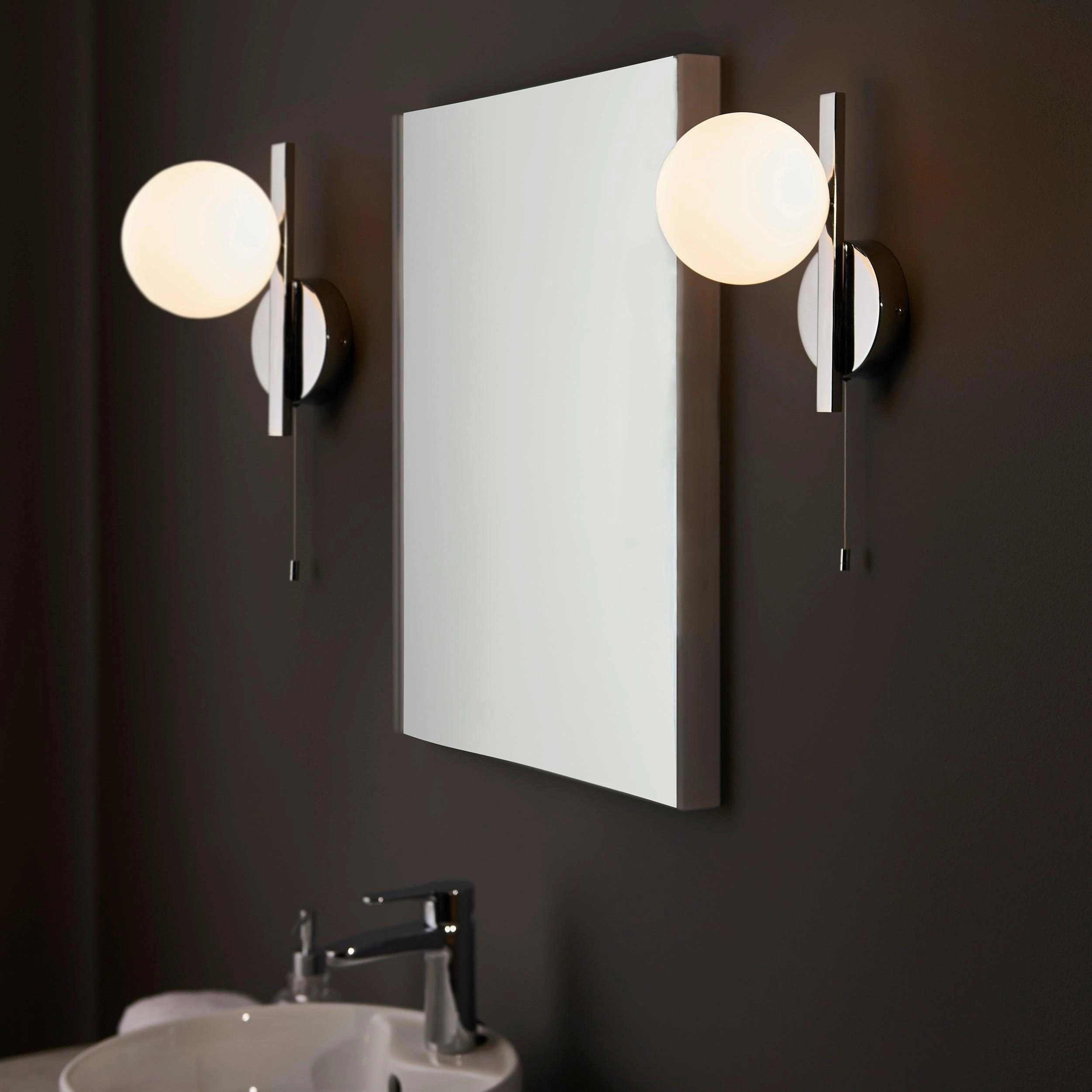 Pendle Chrome & Opal Glass Bathroom Wall Light - Pull Cord