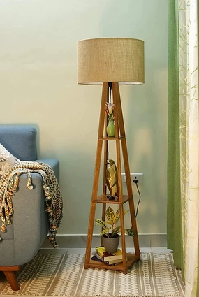 Premium Birch Brown Polished Plywood Floor Lamp with Shelf (Brown Shade) creative lampshade design