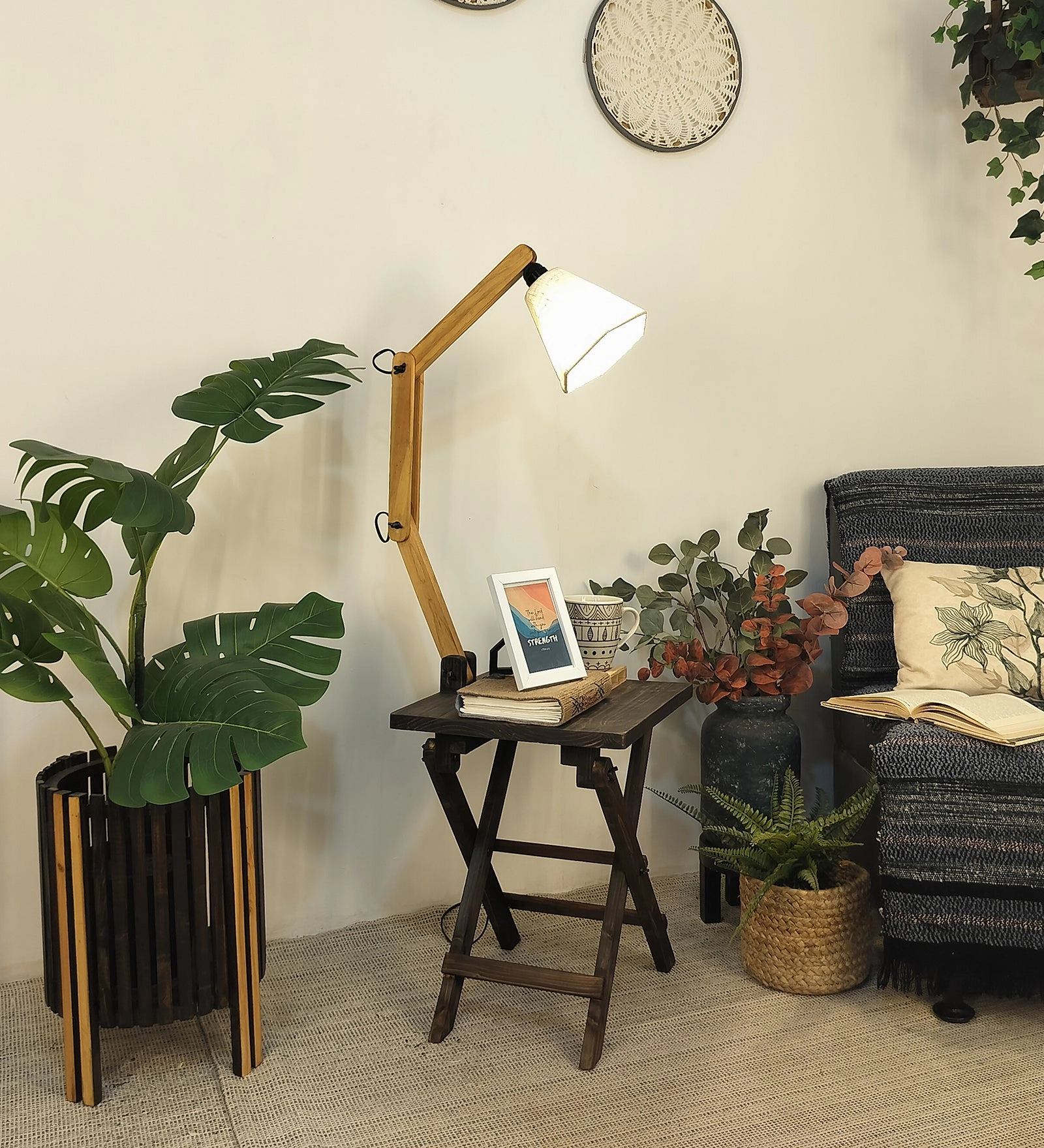 Regis Wooden Floor Lamp with Brown Base and Jute Fabric Lampshade (BULB NOT INCLUDED)