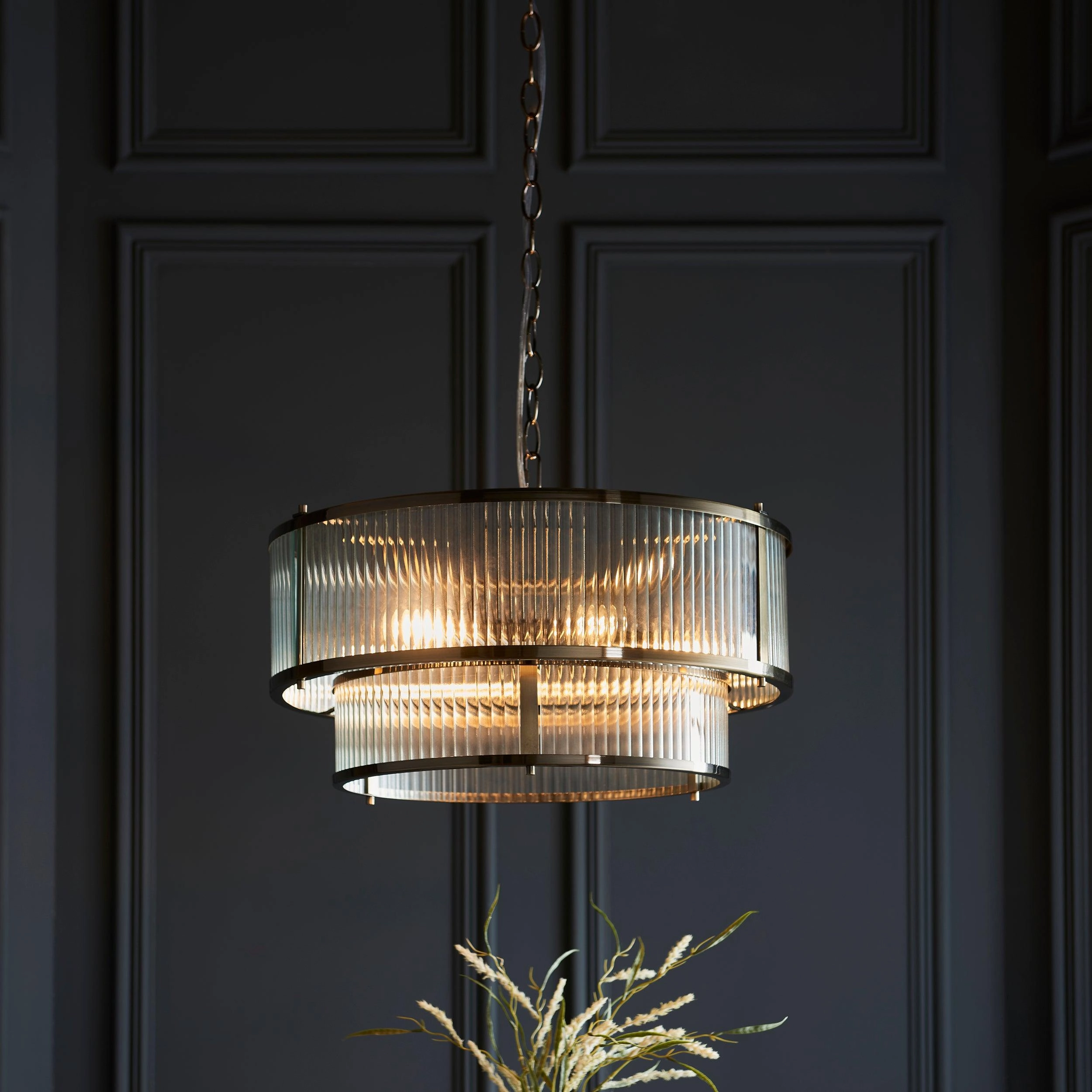 Ridgeton 5 Light Brass & Ribbed Shade Glass Pendant - Open Box