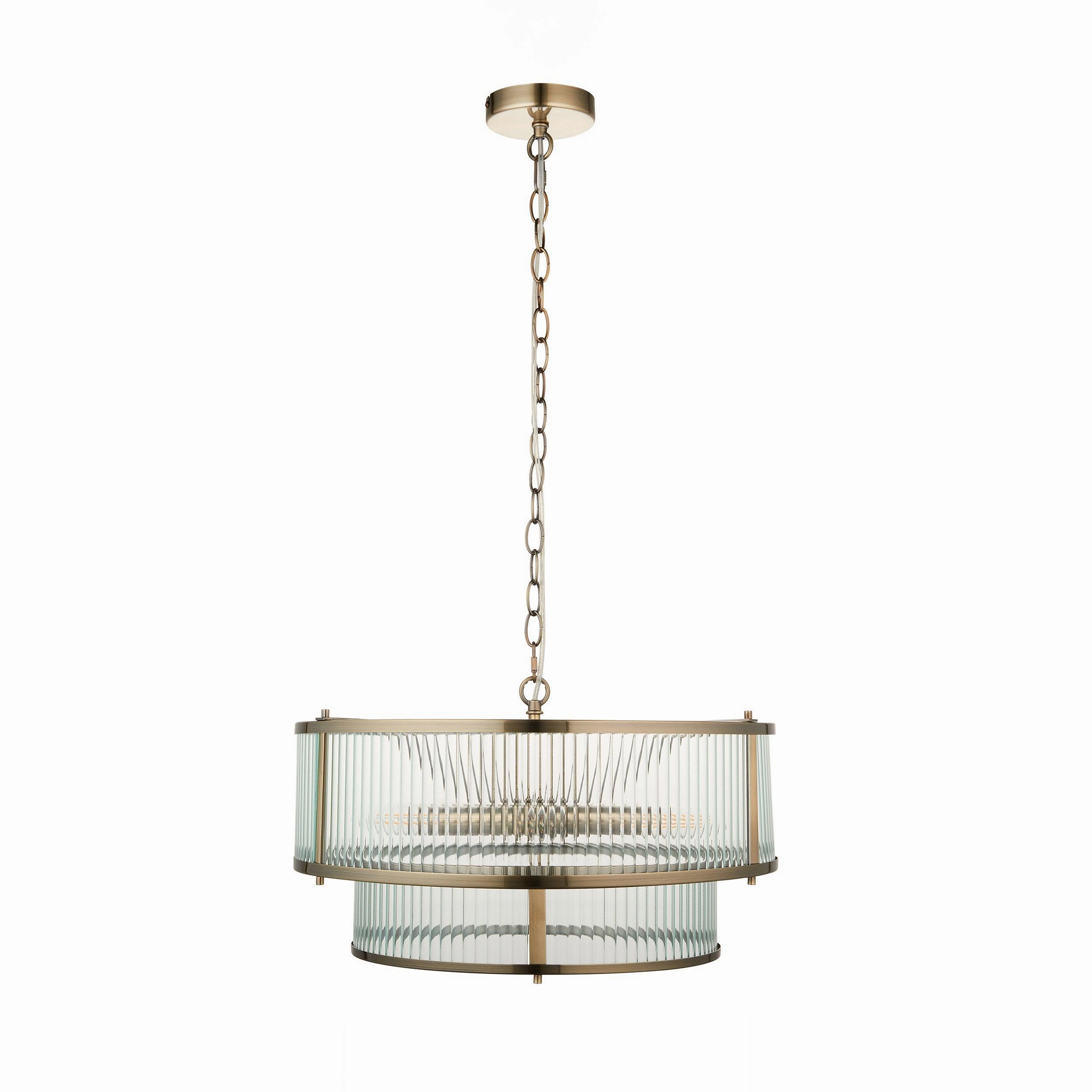 Ridgeton 5 Light Brass & Ribbed Shade Glass Pendant - Open Box