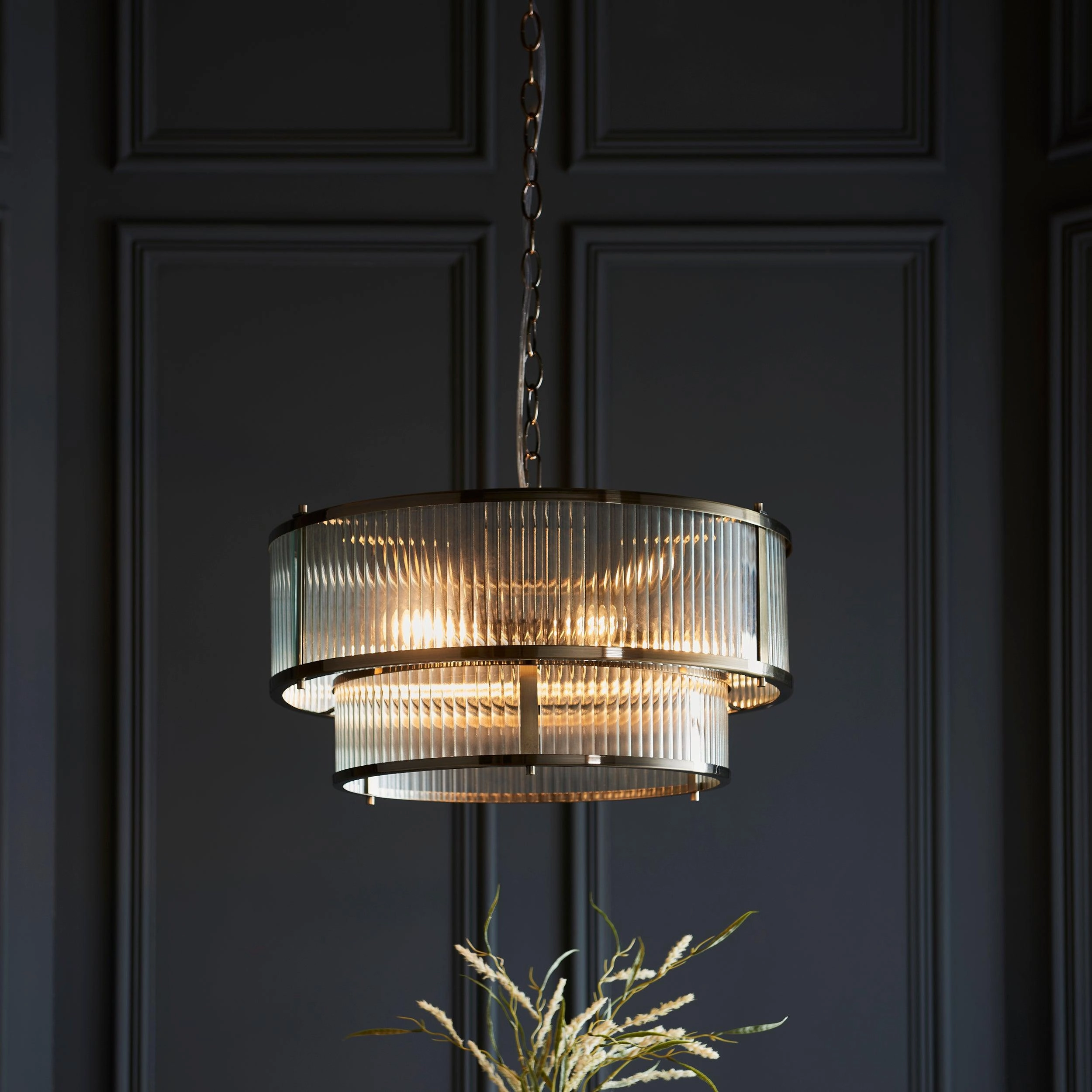 Ridgeton 5 Light Brass & Ribbed Shade Glass Pendant - Open Box