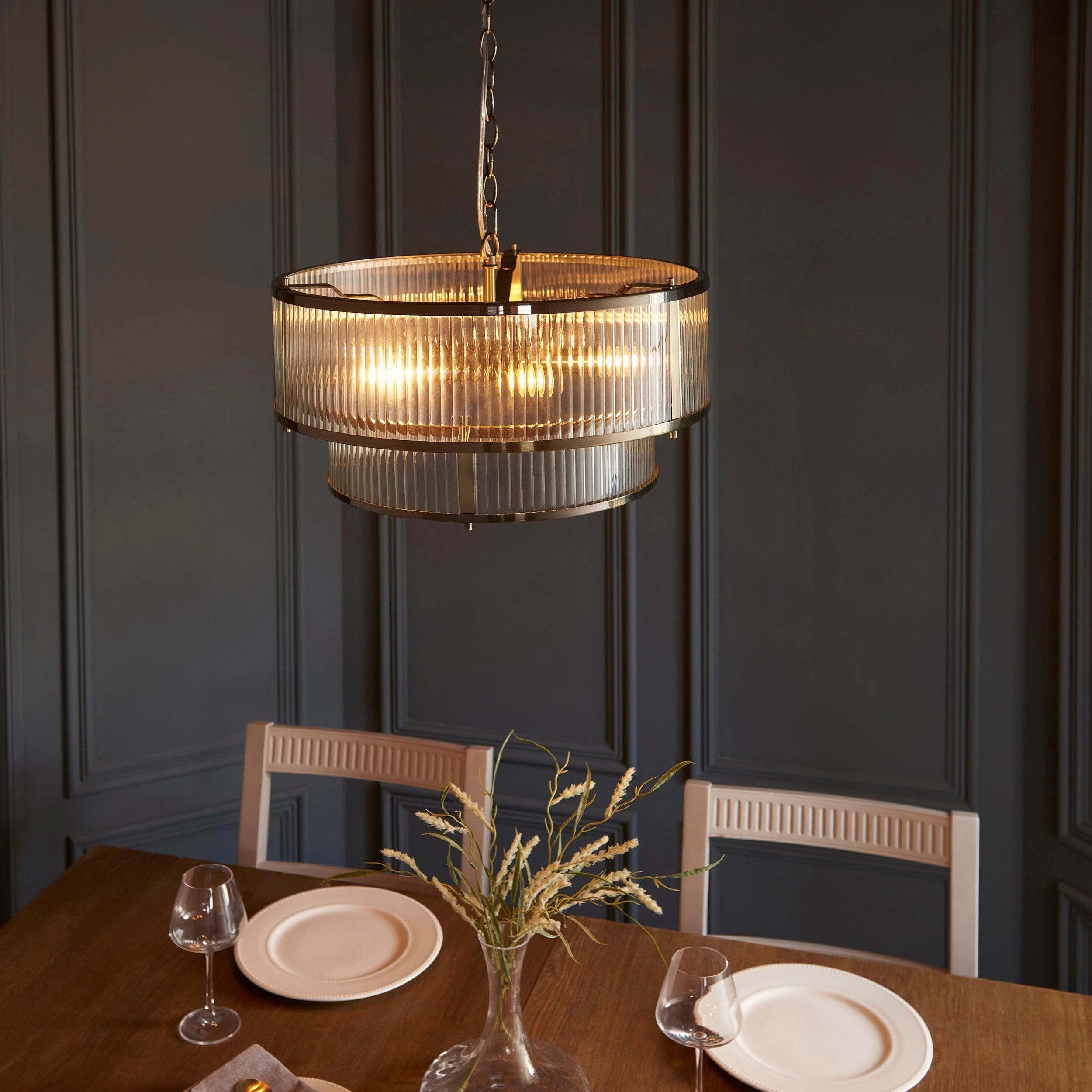 Ridgeton 5 Light Brass & Ribbed Shade Glass Pendant - Open Box