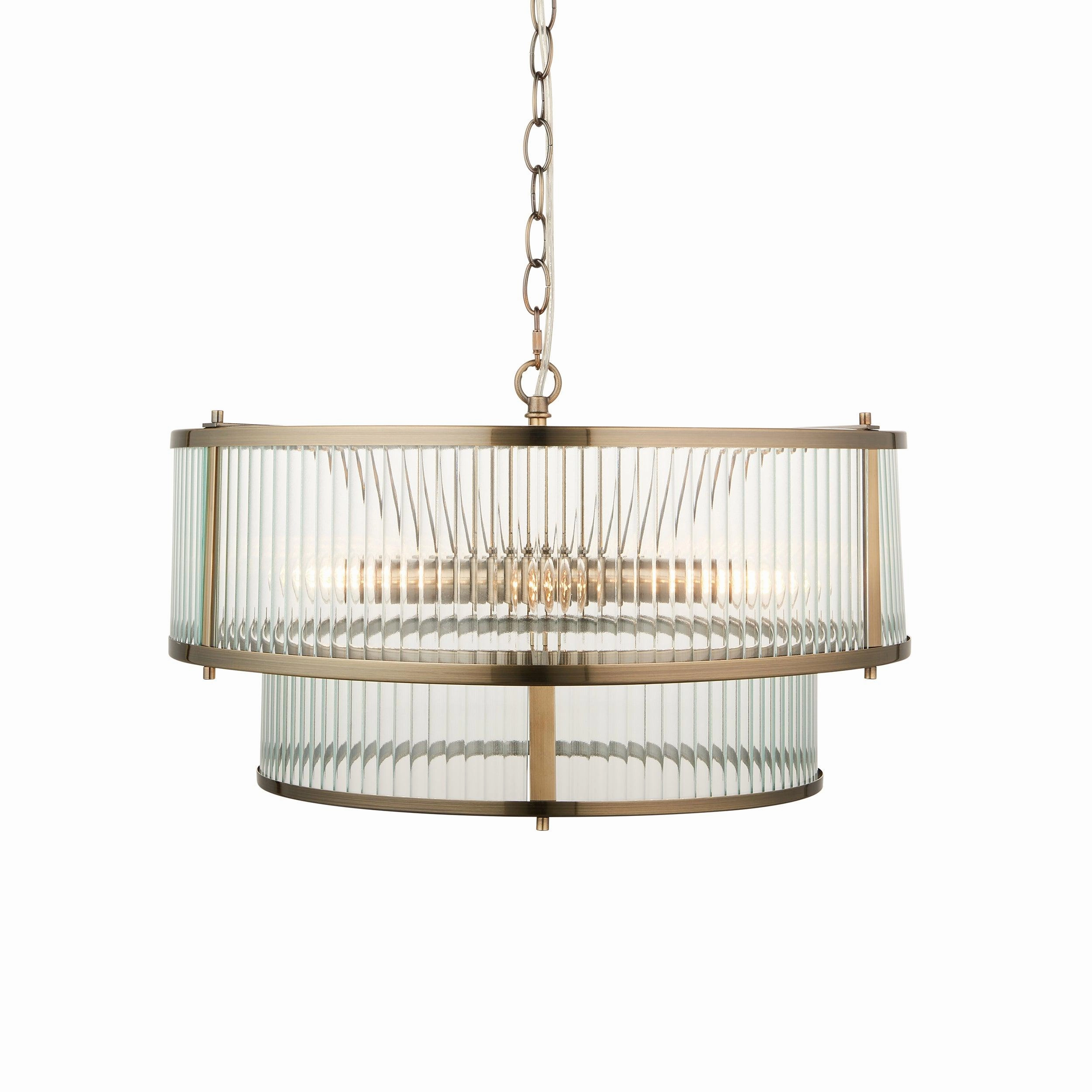 Ridgeton 5 Light Brass & Ribbed Shade Glass Pendant - Open Box
