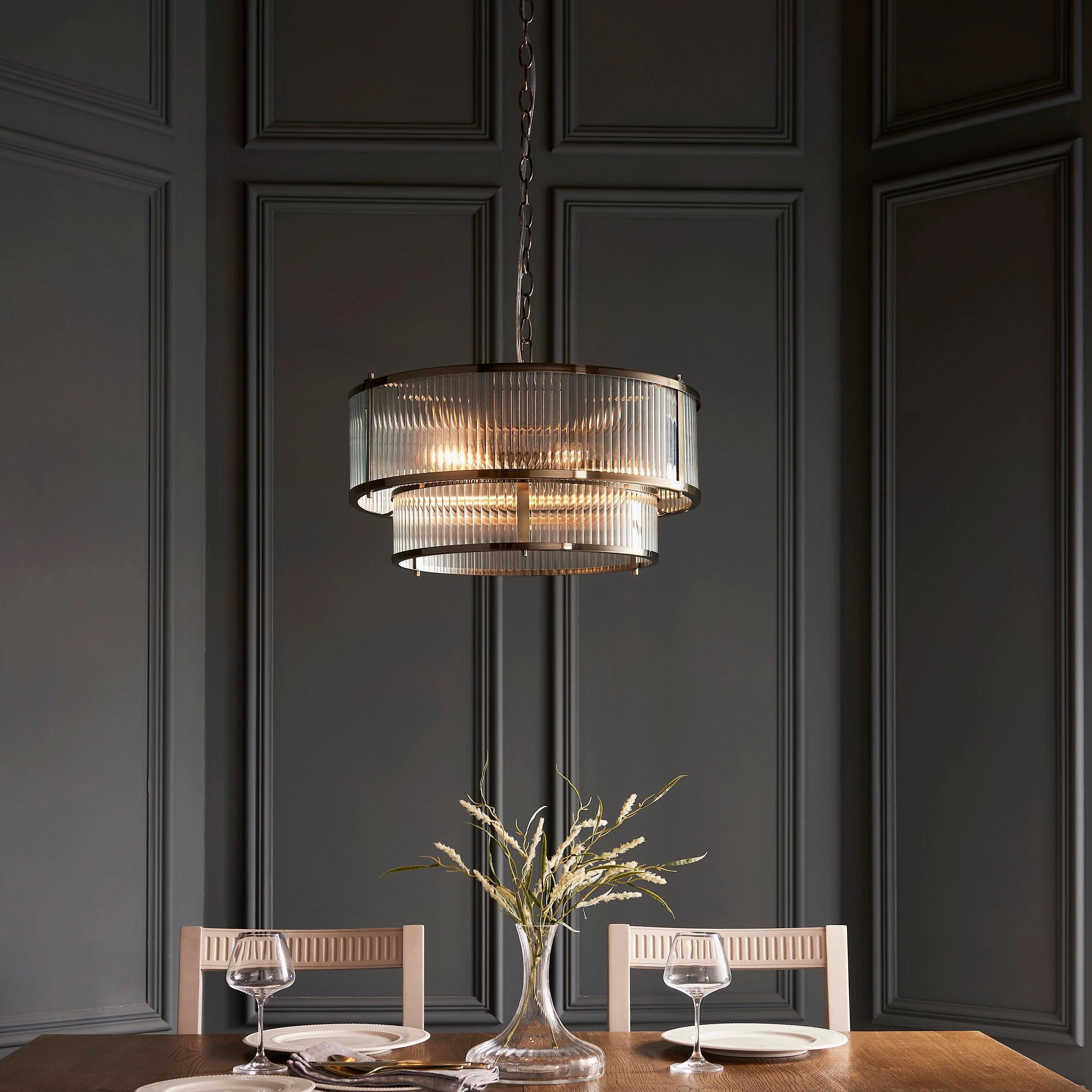 Ridgeton 5 Light Brass & Ribbed Shade Glass Pendant sleek LED ceiling lamp