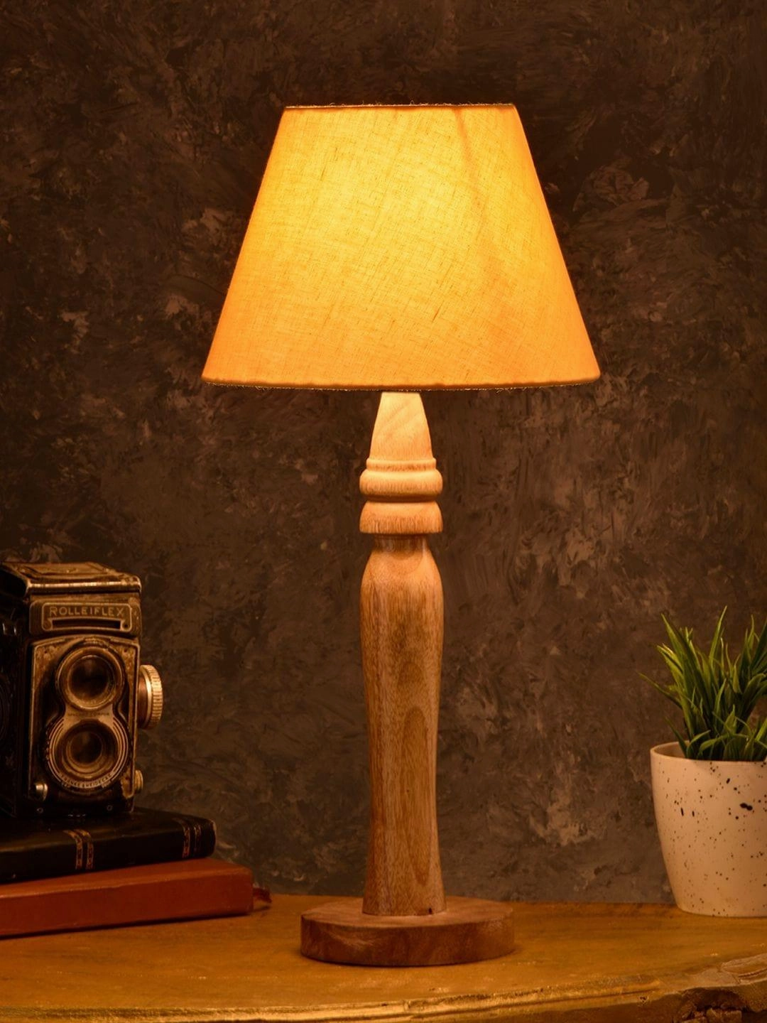 Round Brown Lamp with Taper Yellow Cotton Shade decorative ceiling fixture