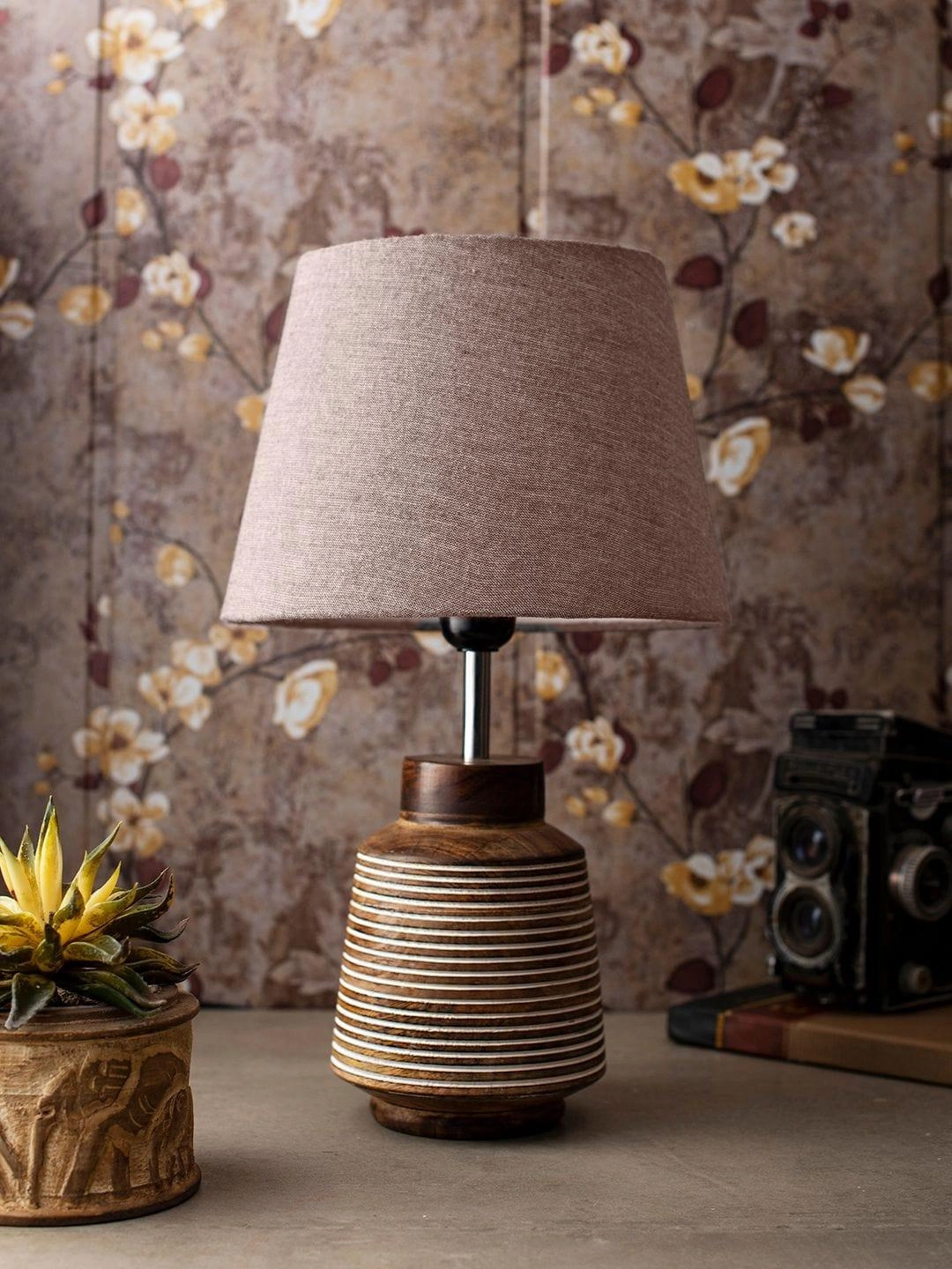 Rustic Ridged Wooden Lamp with Samre Brown Shade decorative ceiling fixture