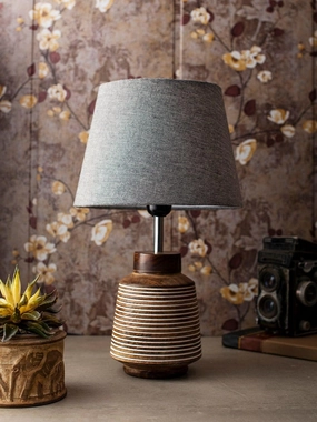 Rustic Ridged Wooden Lamp with Samre Grey Shade decorative ceiling fixture