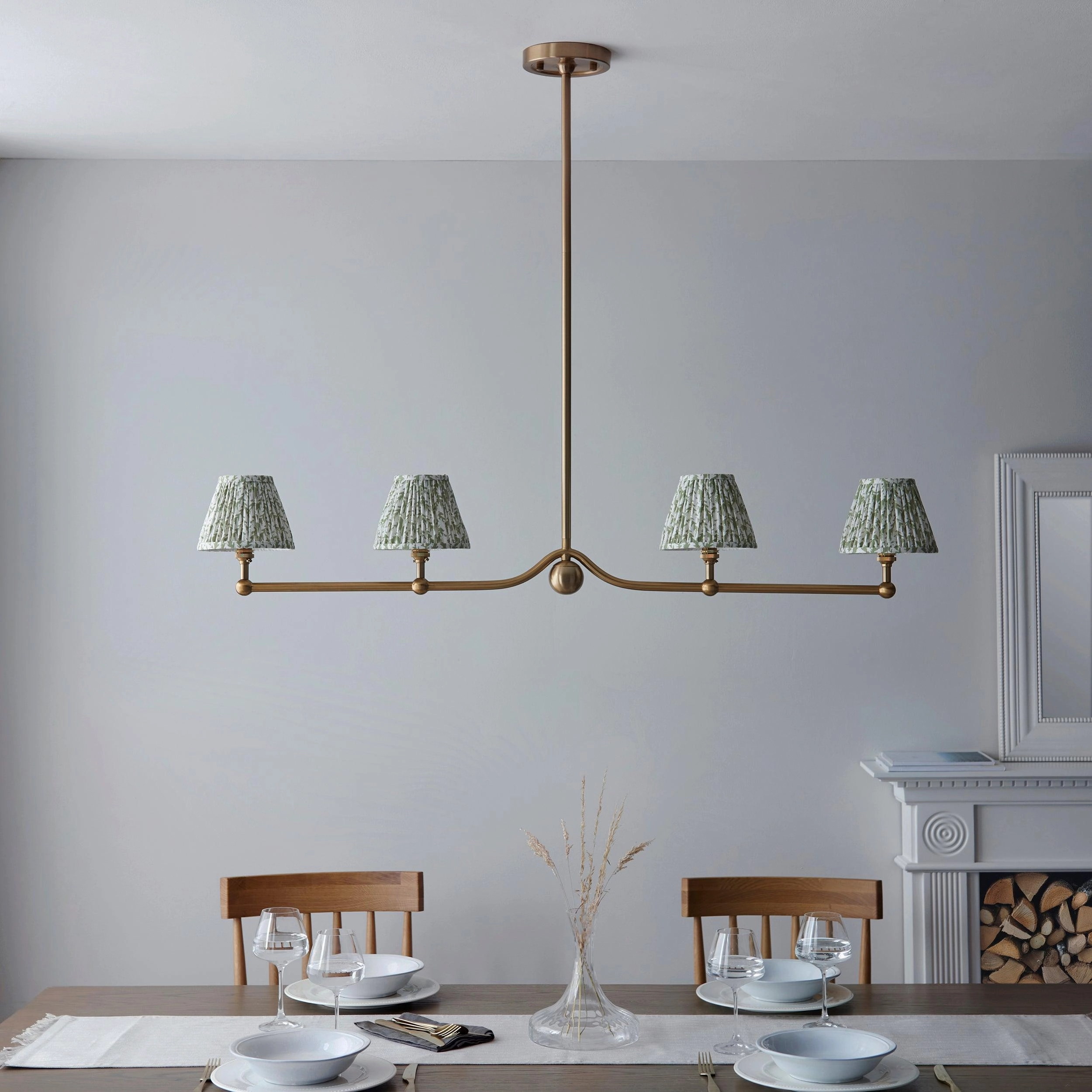 Santiago Brass 4 Light Pendant Ceiling Light With Green Leaf 16cm Shades