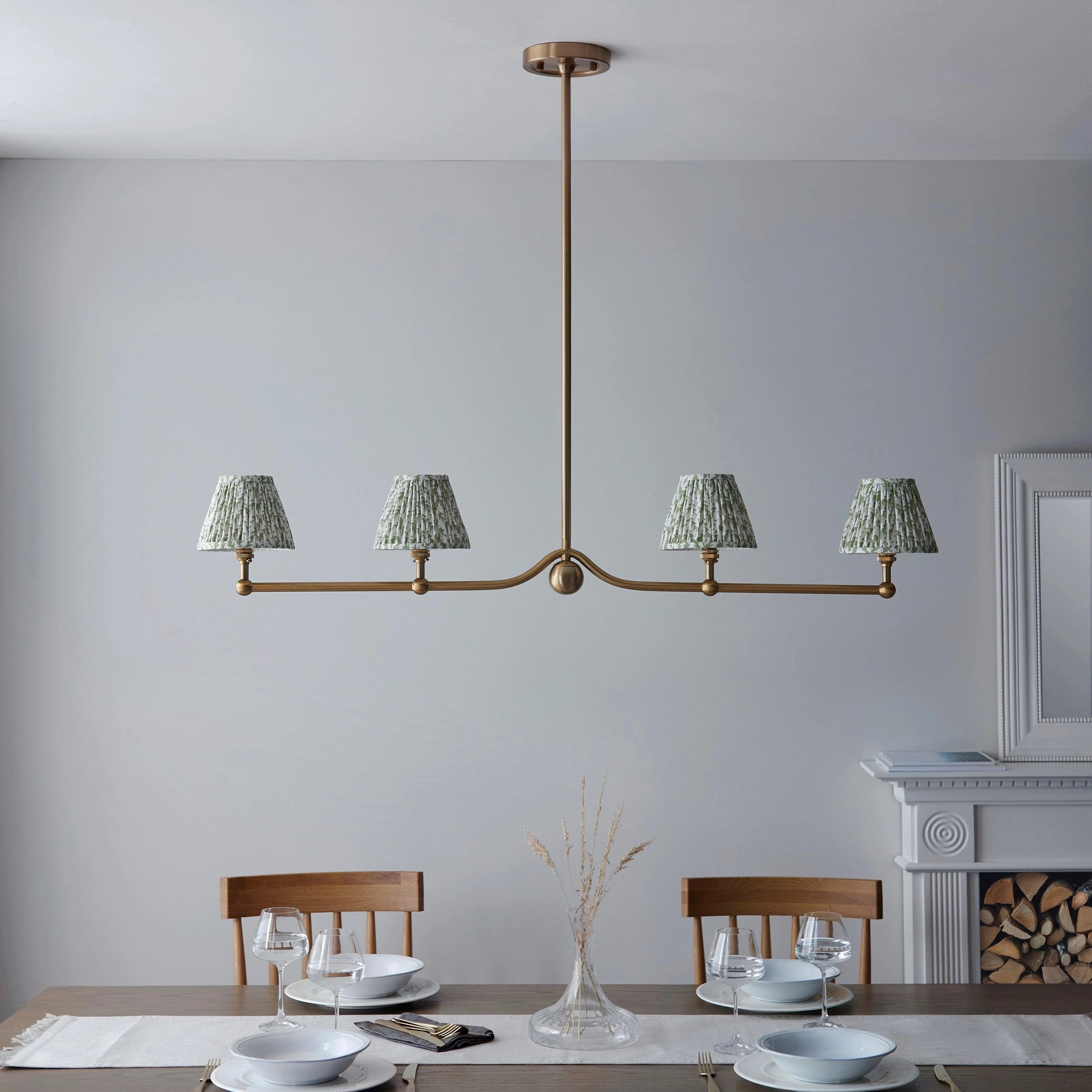 Santiago Brass 4 Light Pendant Ceiling Light With Green Leaf 16cm Shades