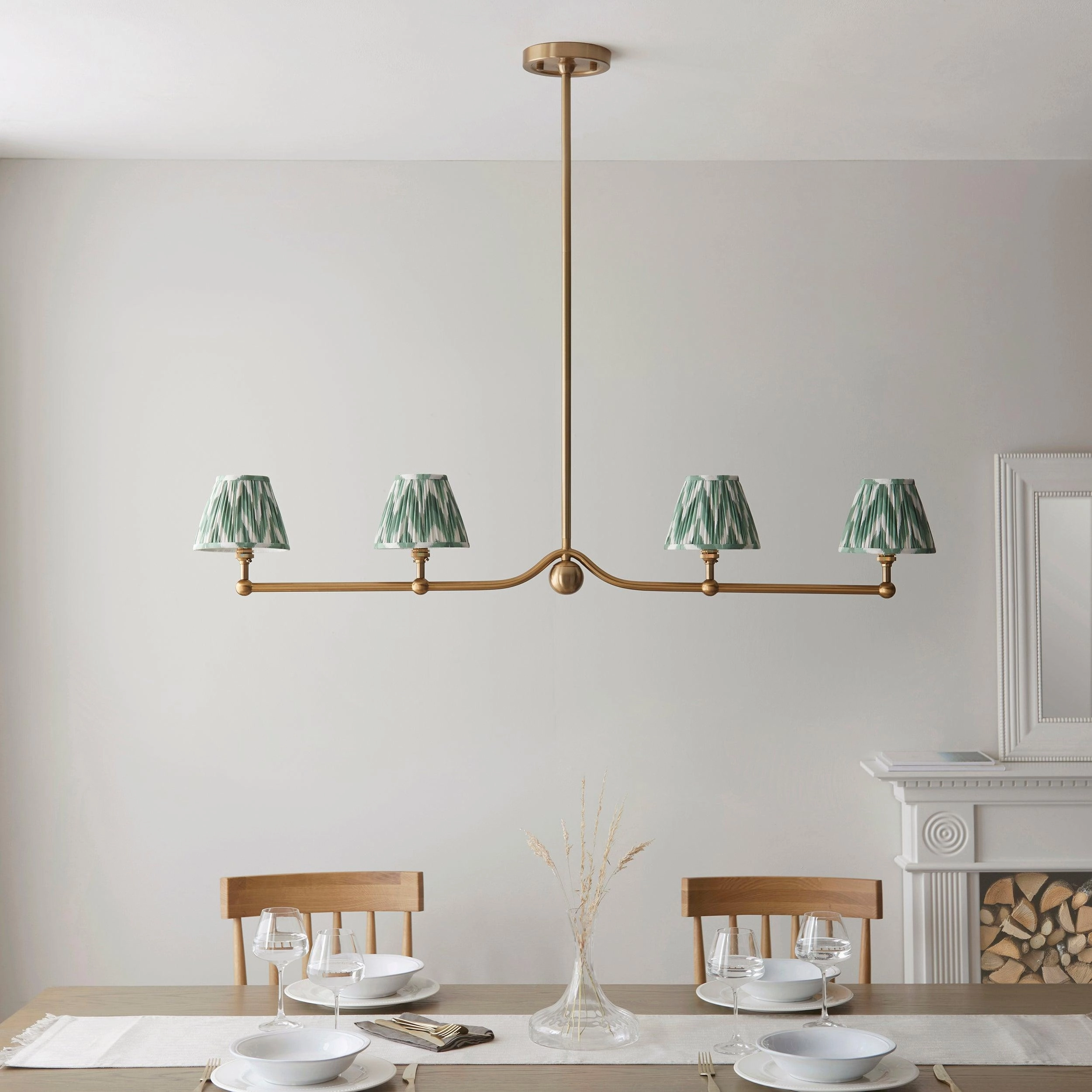 Santiago Brass 4 Light Pendant Ceiling Light With Green Zigzag 16cm Shades