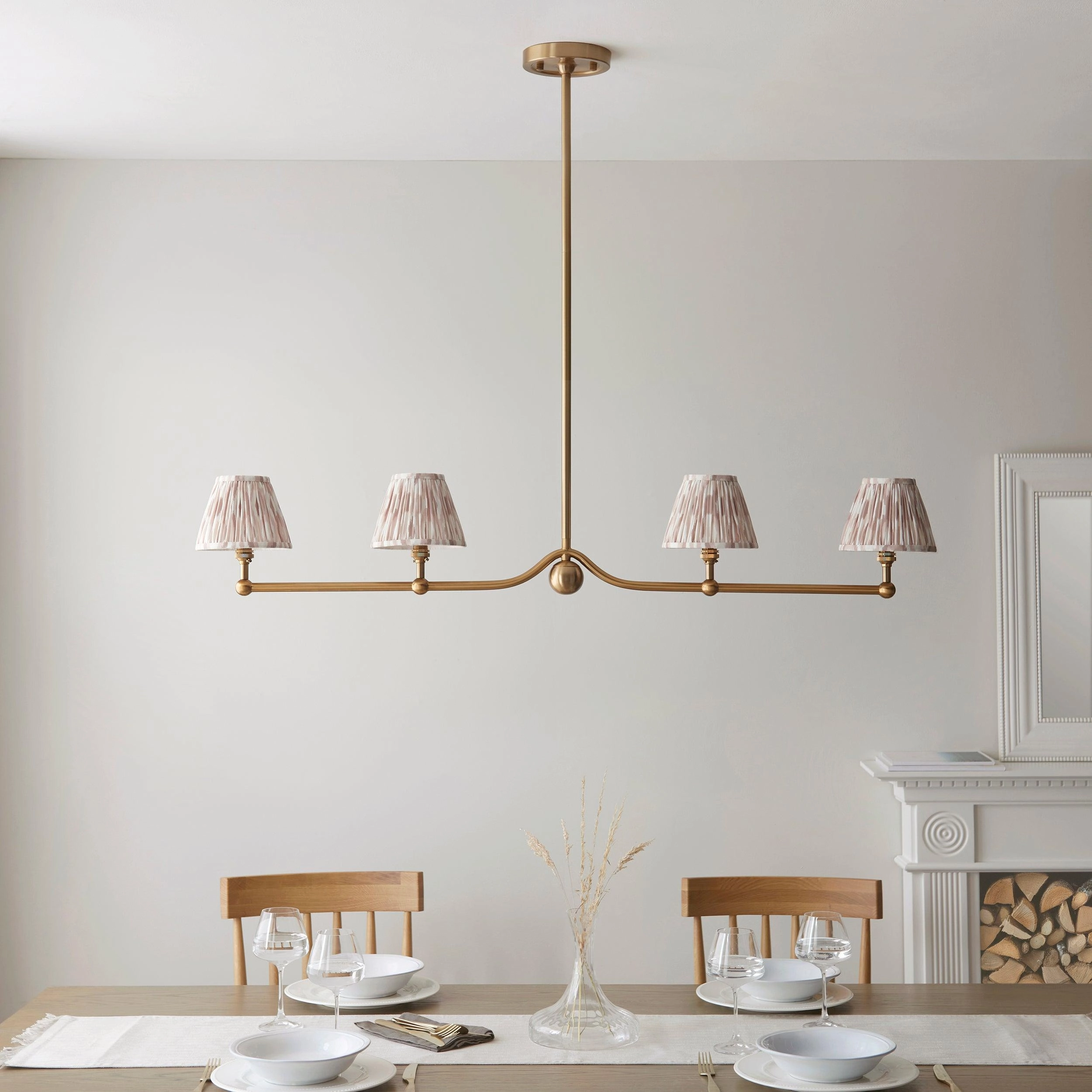 Santiago Brass 4 Light Pendant Ceiling Light With Neutral Ikat 16cm Shades