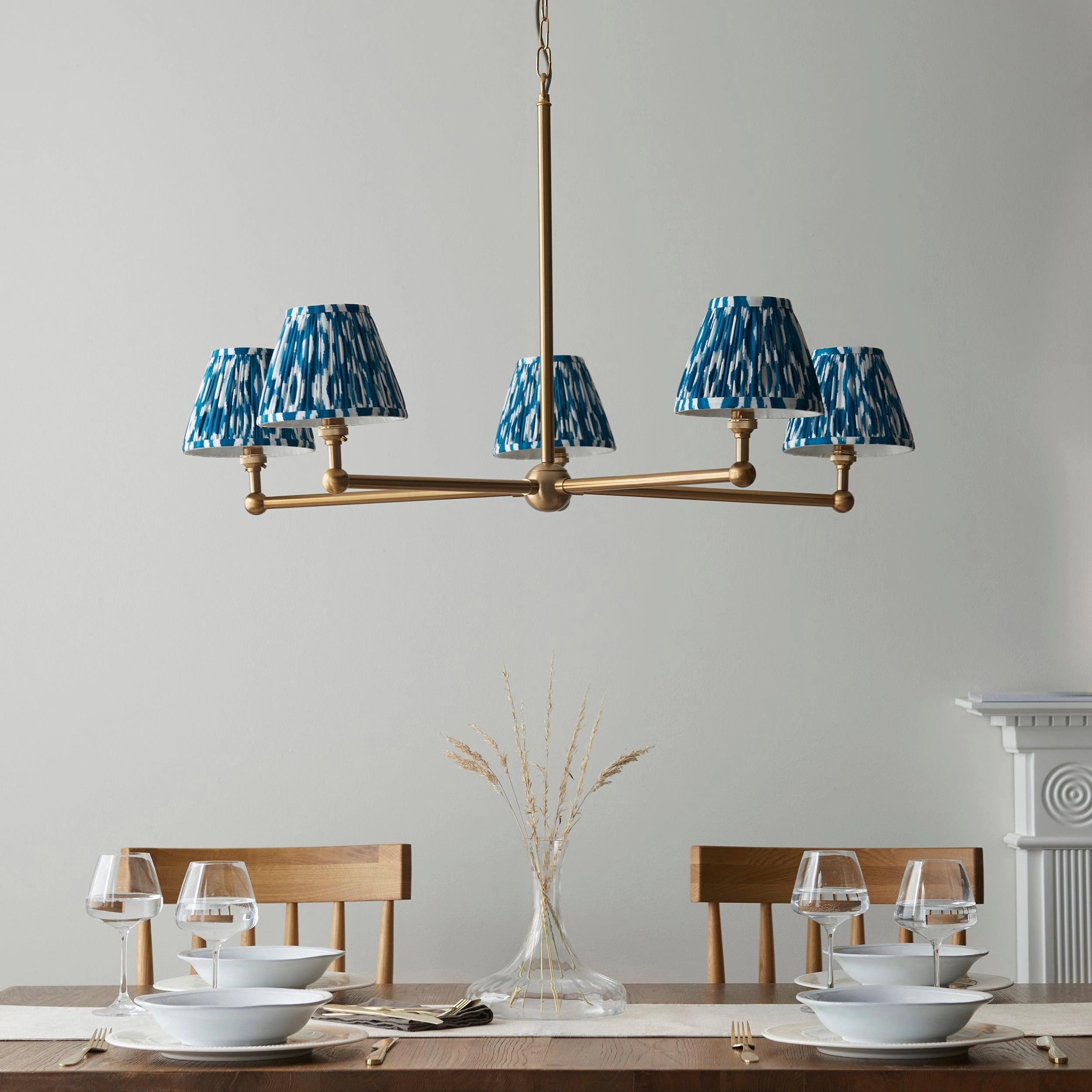 Santiago Brass 5 Light Pendant Ceiling Light With Blue Ikat 16cm Shades