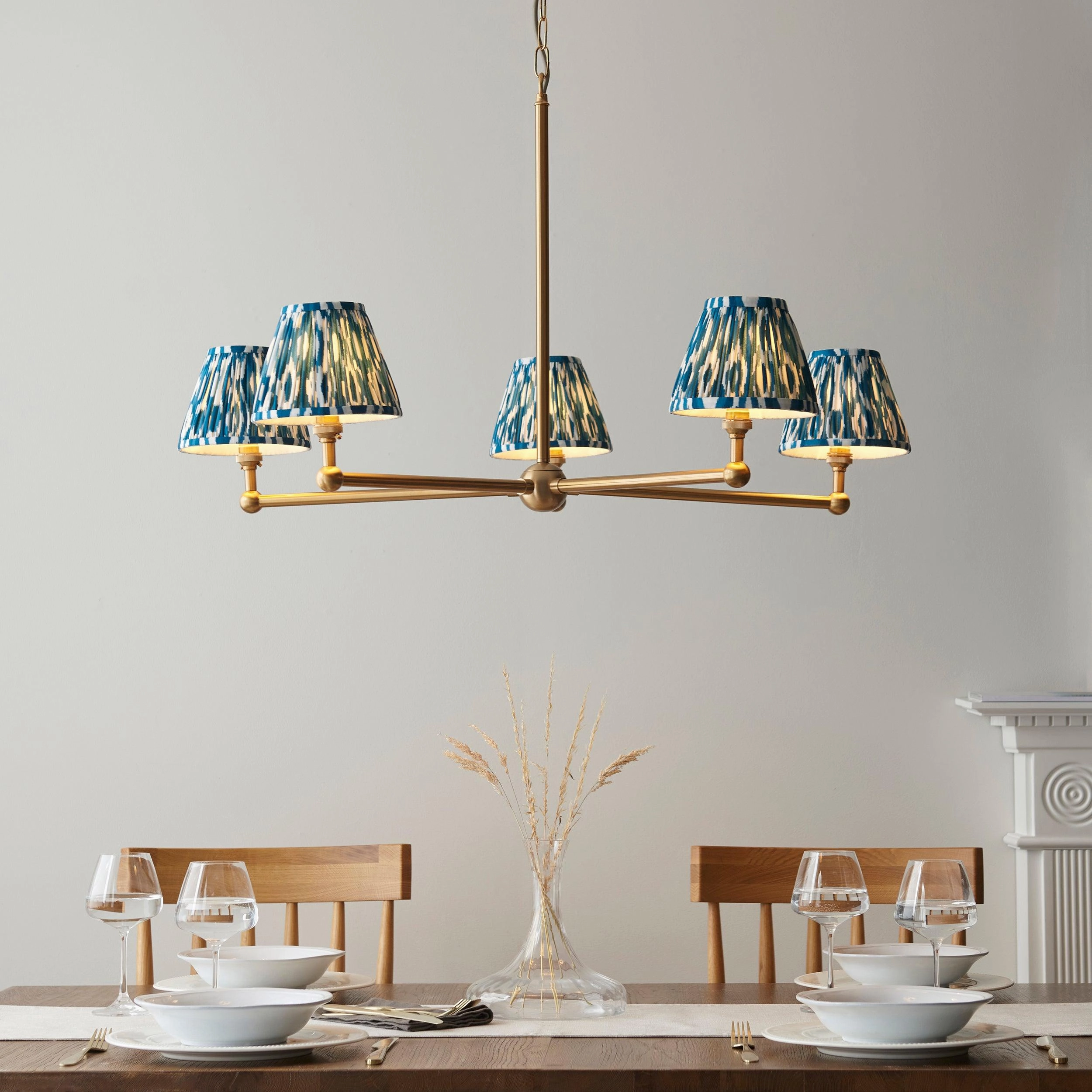Santiago Brass 5 Light Pendant Ceiling Light With Blue Ikat 16cm Shades sleek LED ceiling lamp