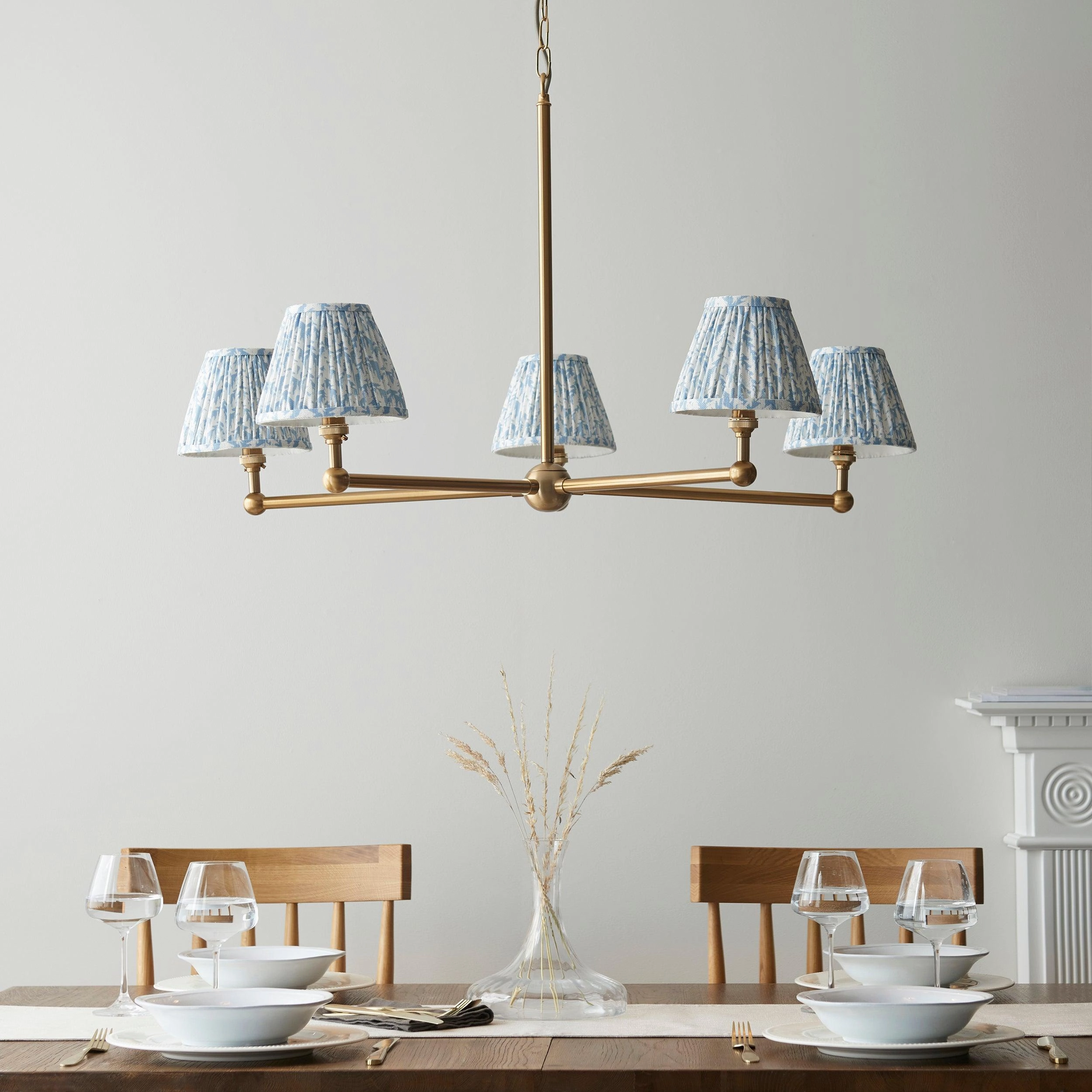 Santiago Brass 5 Light Pendant Ceiling Light With Blue Leaf 16cm Shades