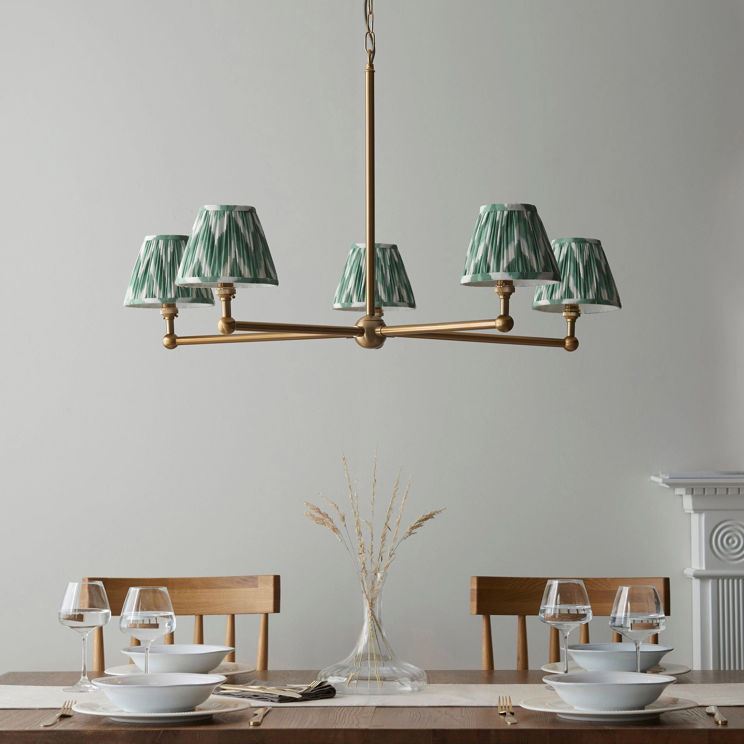 Santiago Brass 5 Light Pendant Ceiling Light With Green Zigzag 16cm Shades