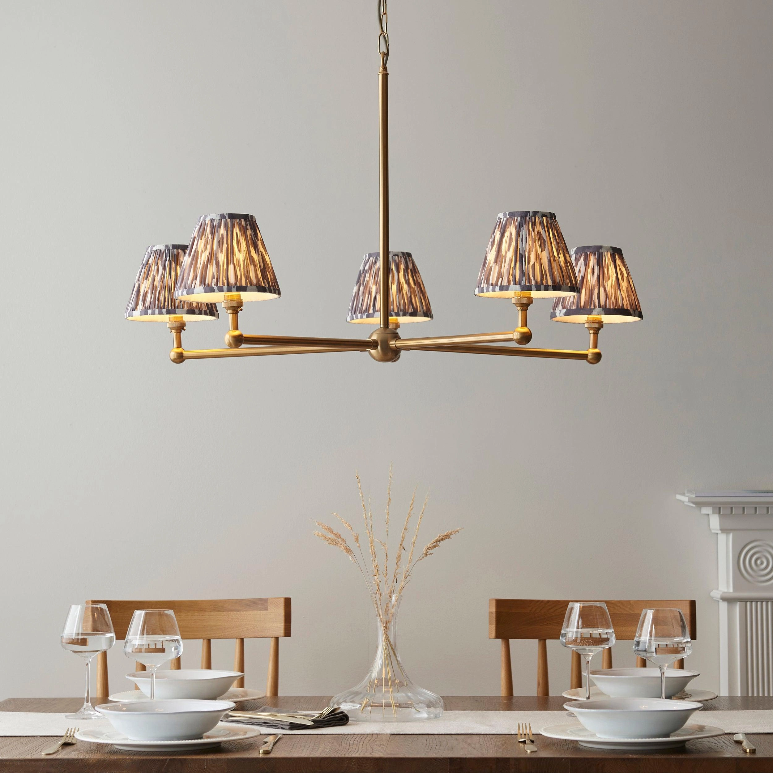 Santiago Brass 5 Light Pendant Ceiling Light With Grey Ikat 16cm Shades sleek LED ceiling lamp