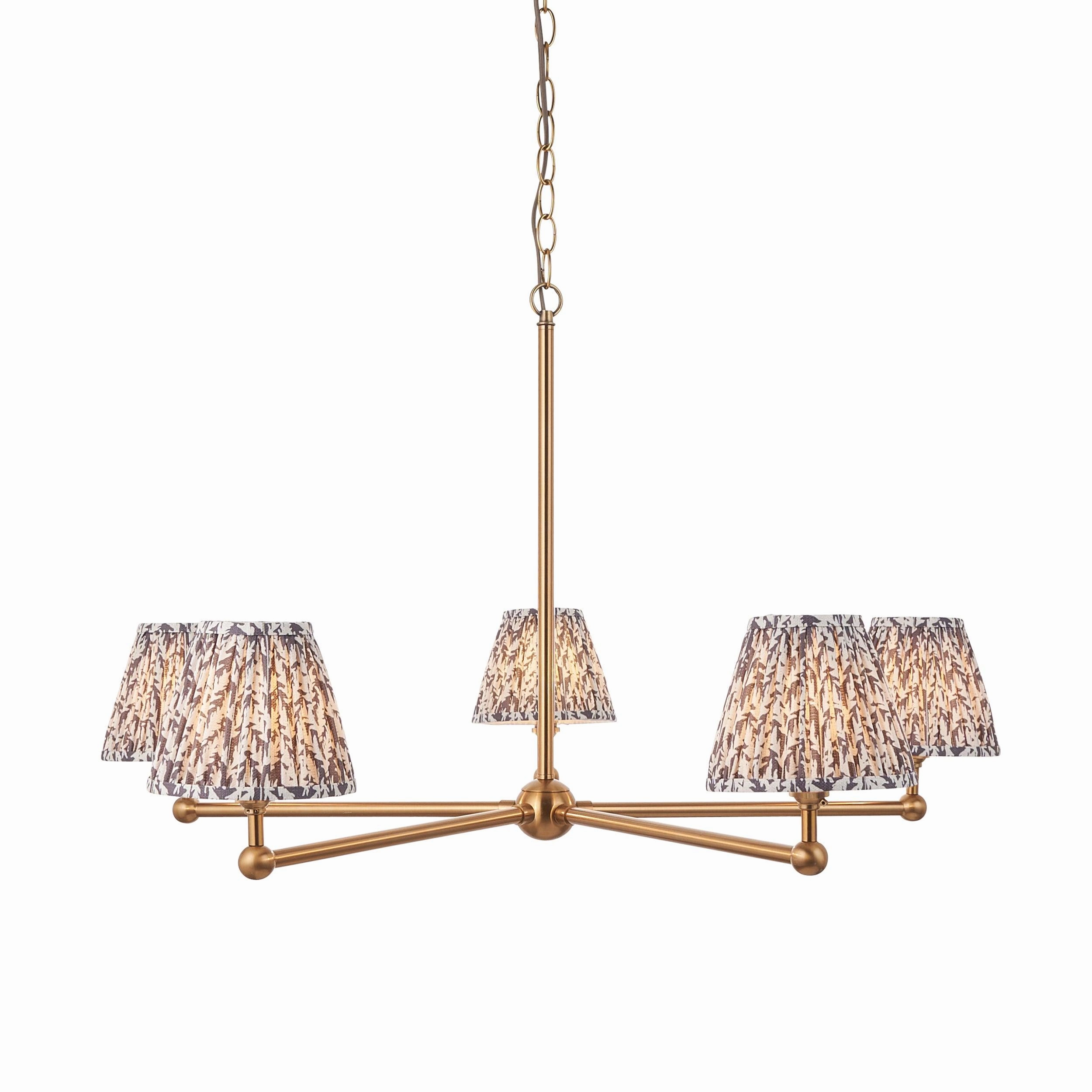Santiago Brass 5 Light Pendant Ceiling Light With Grey Leaf 16cm Shades