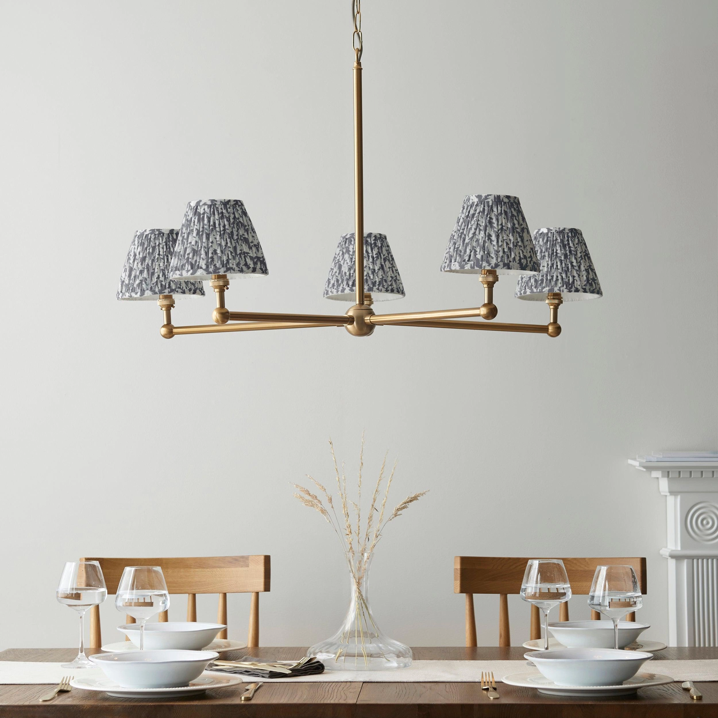 Santiago Brass 5 Light Pendant Ceiling Light With Grey Leaf 16cm Shades