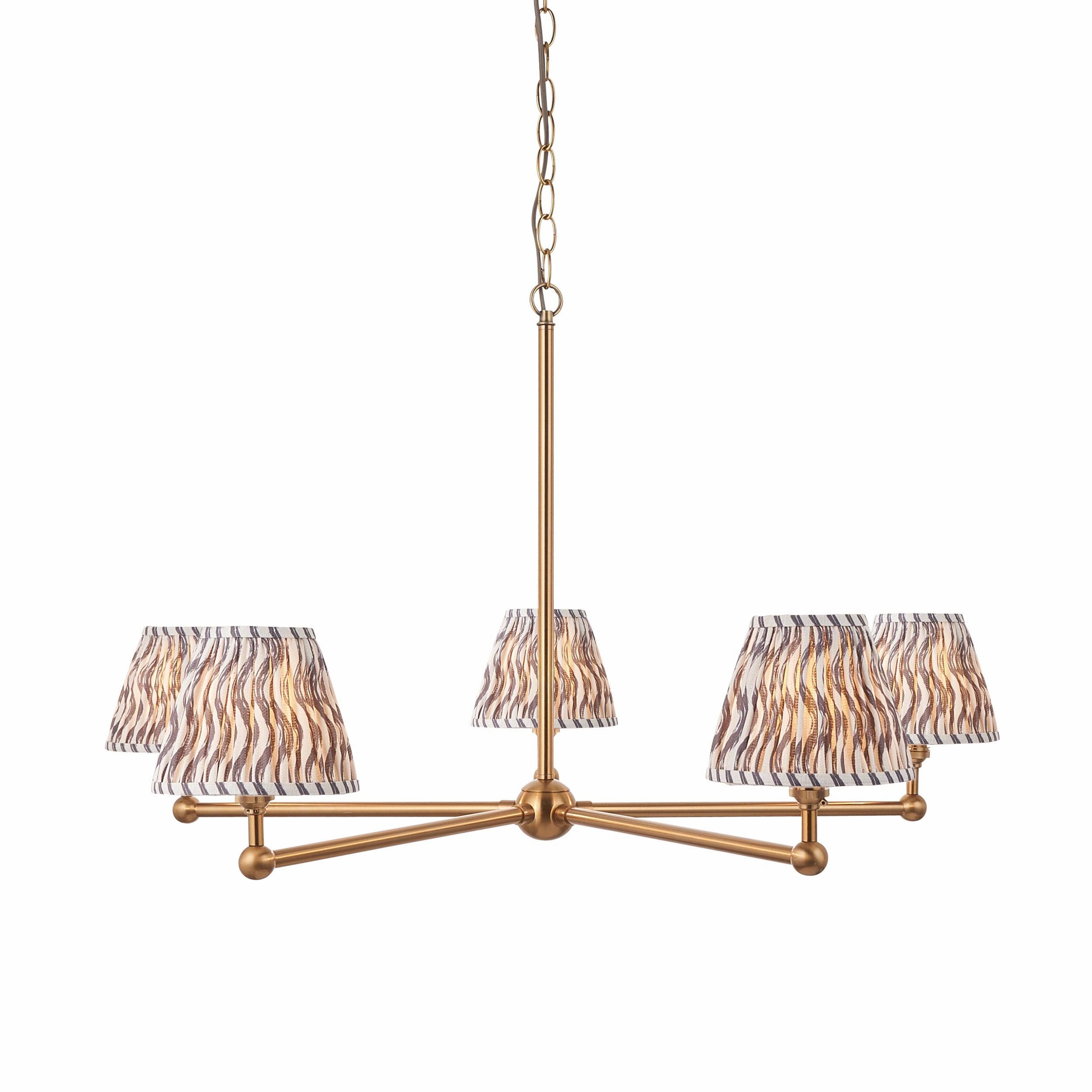 Santiago Brass 5 Light Pendant Ceiling Light With Grey Ripple 16cm Shades