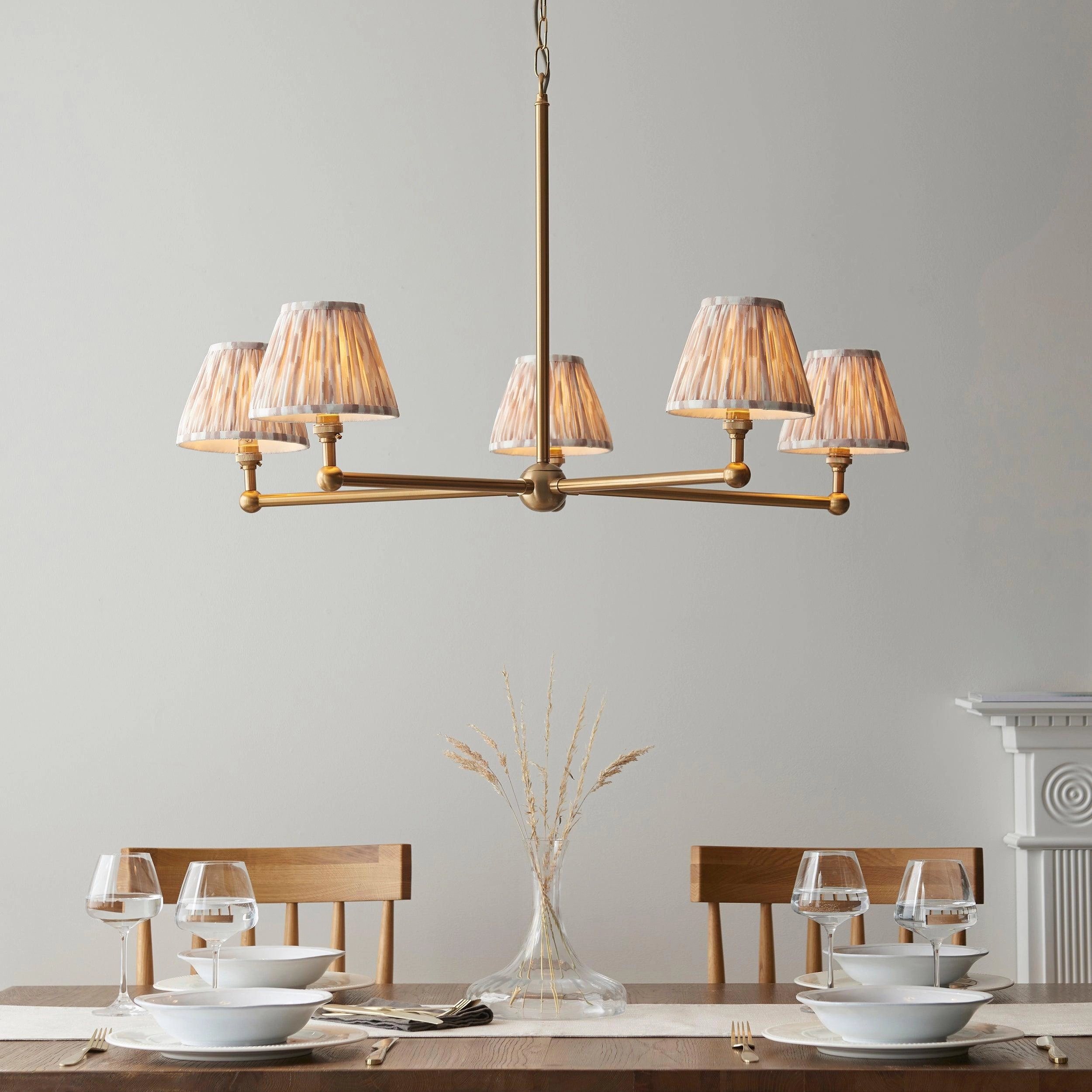 Santiago Brass 5 Light Pendant Ceiling Light With Neutral Ikat 16cm Shades sleek LED ceiling lamp