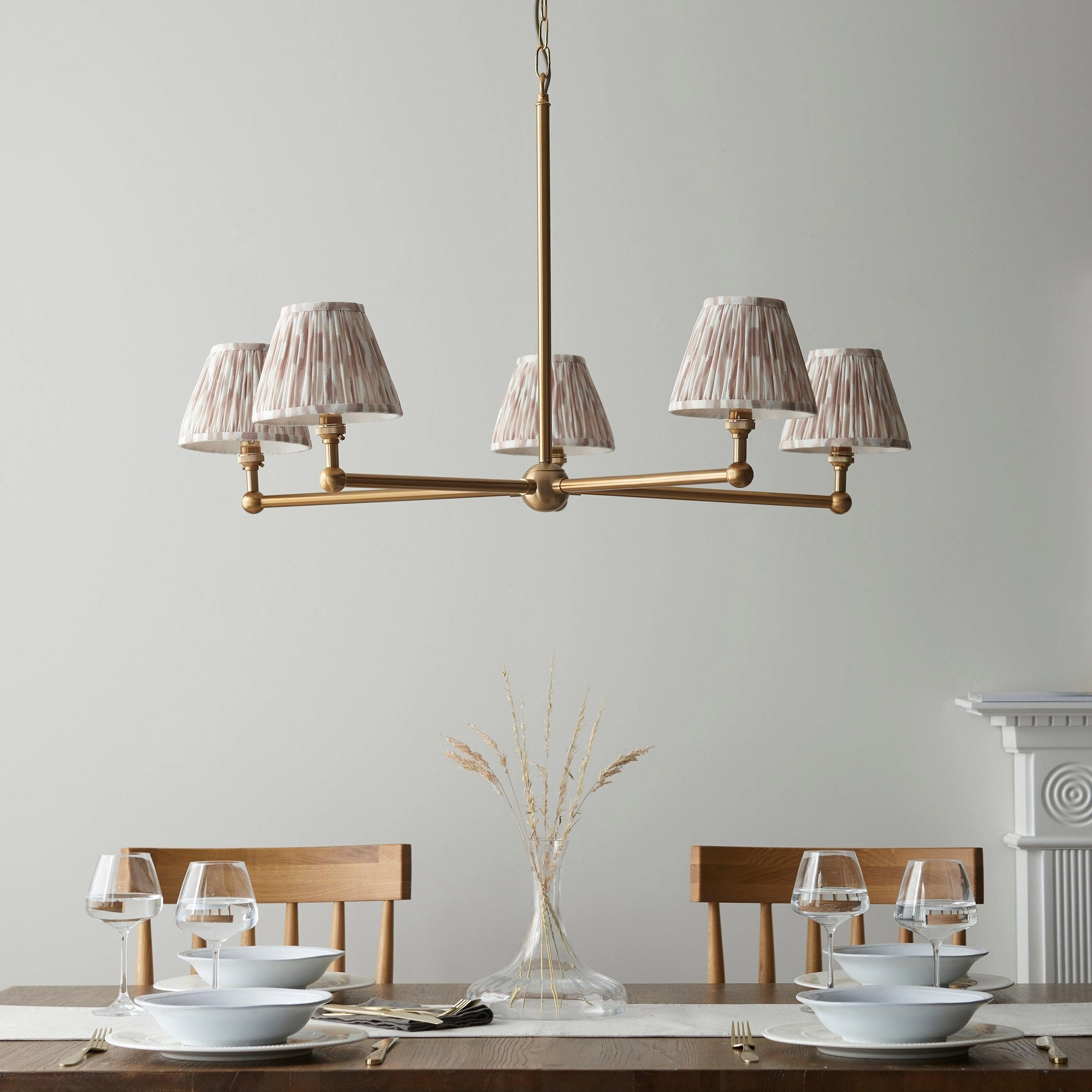Santiago Brass 5 Light Pendant Ceiling Light With Neutral Ikat 16cm Shades