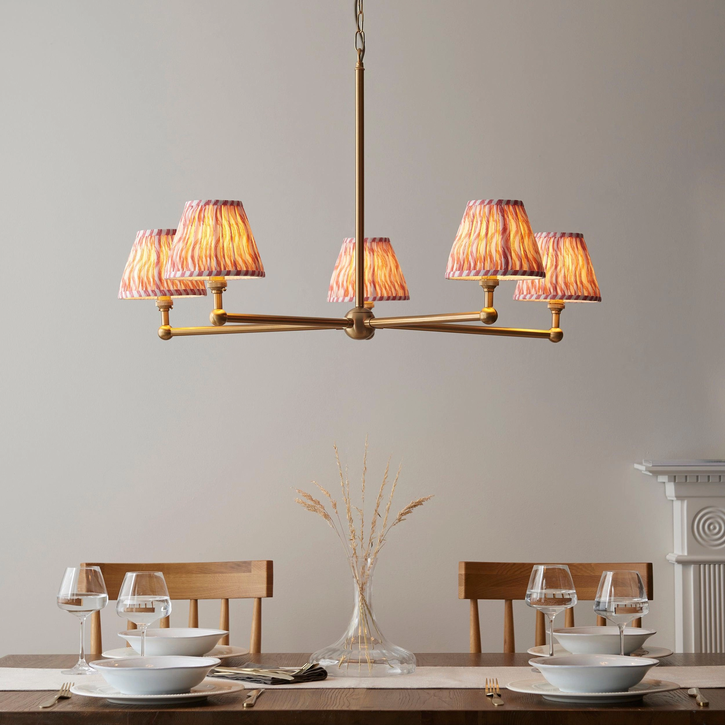 Santiago Brass 5 Light Pendant Ceiling Light With Pink Ripple 16cm Shades sleek LED ceiling lamp