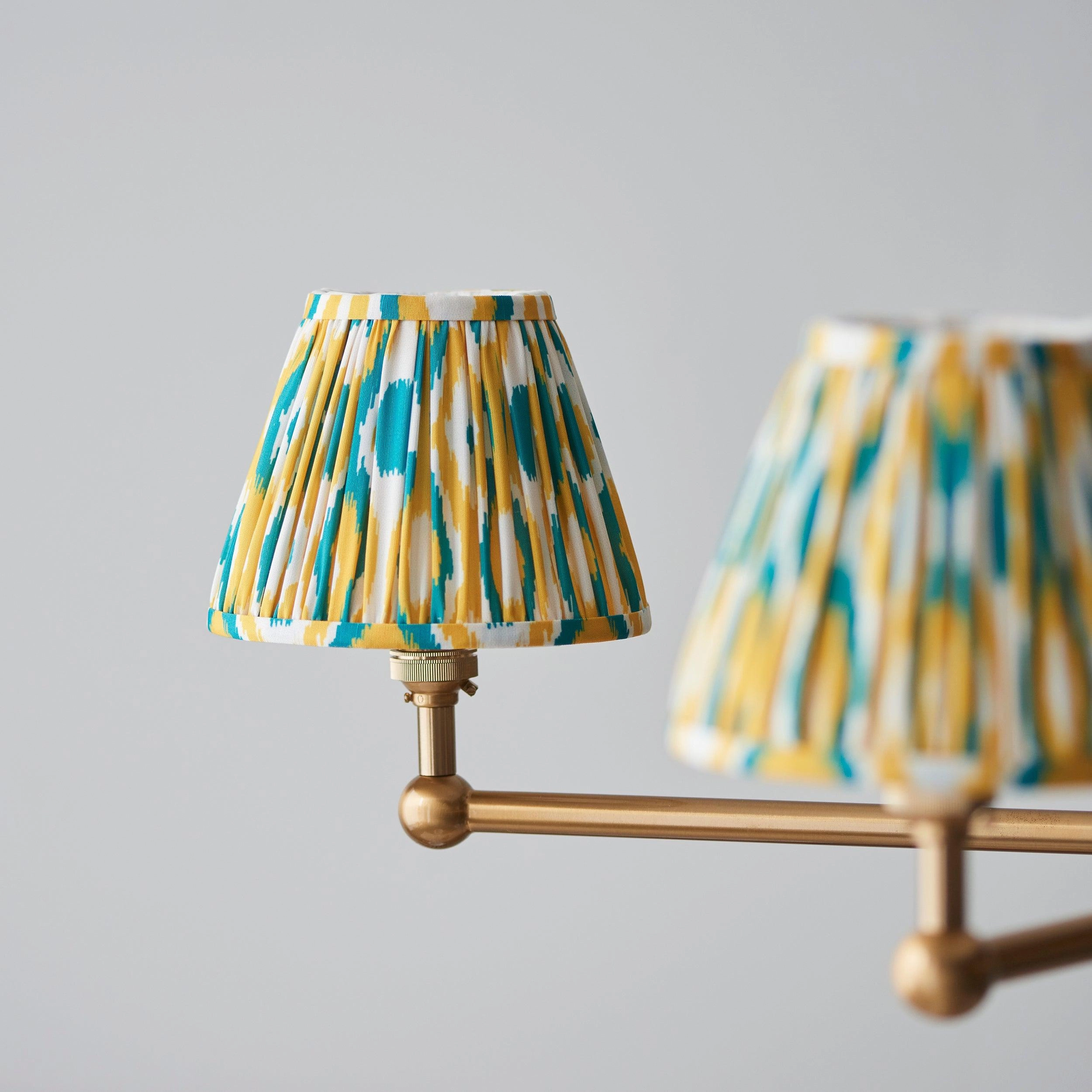 Santiago Brass 5 Light Pendant Ceiling Light With Yellow & Jade Ikat 16cm Shades